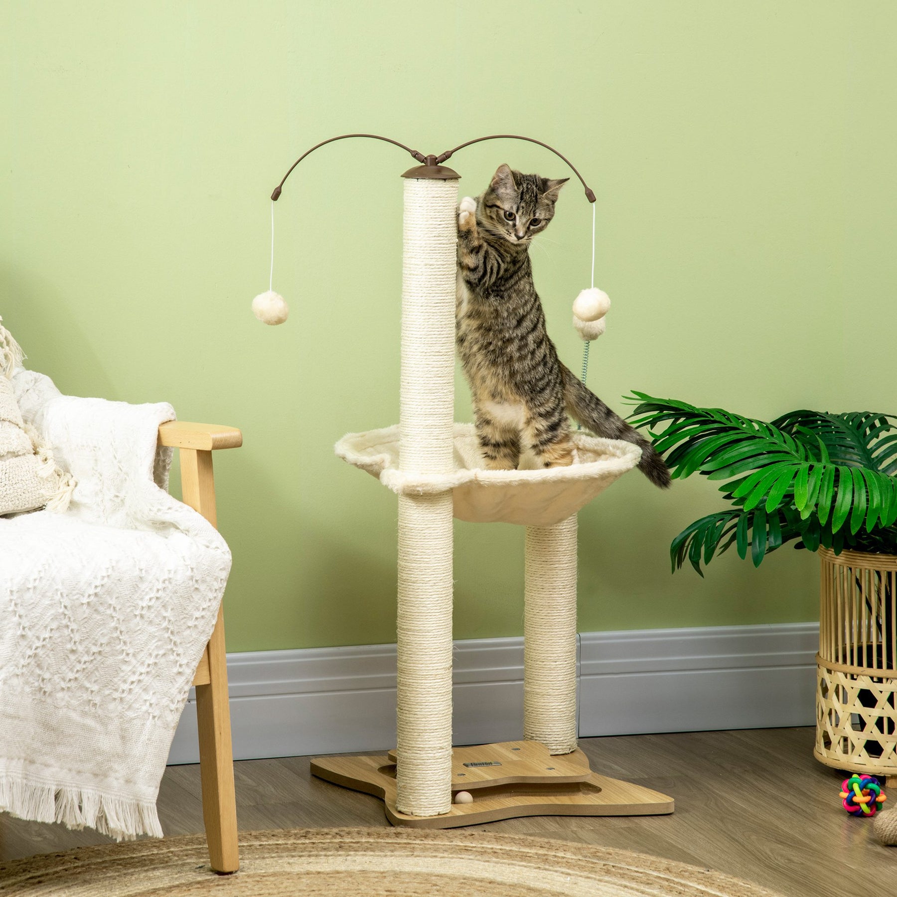 Cat Tree Indoor Kitten Play Tower, Sisal Scratching Posts with Hammock & Ball Toy, Beige