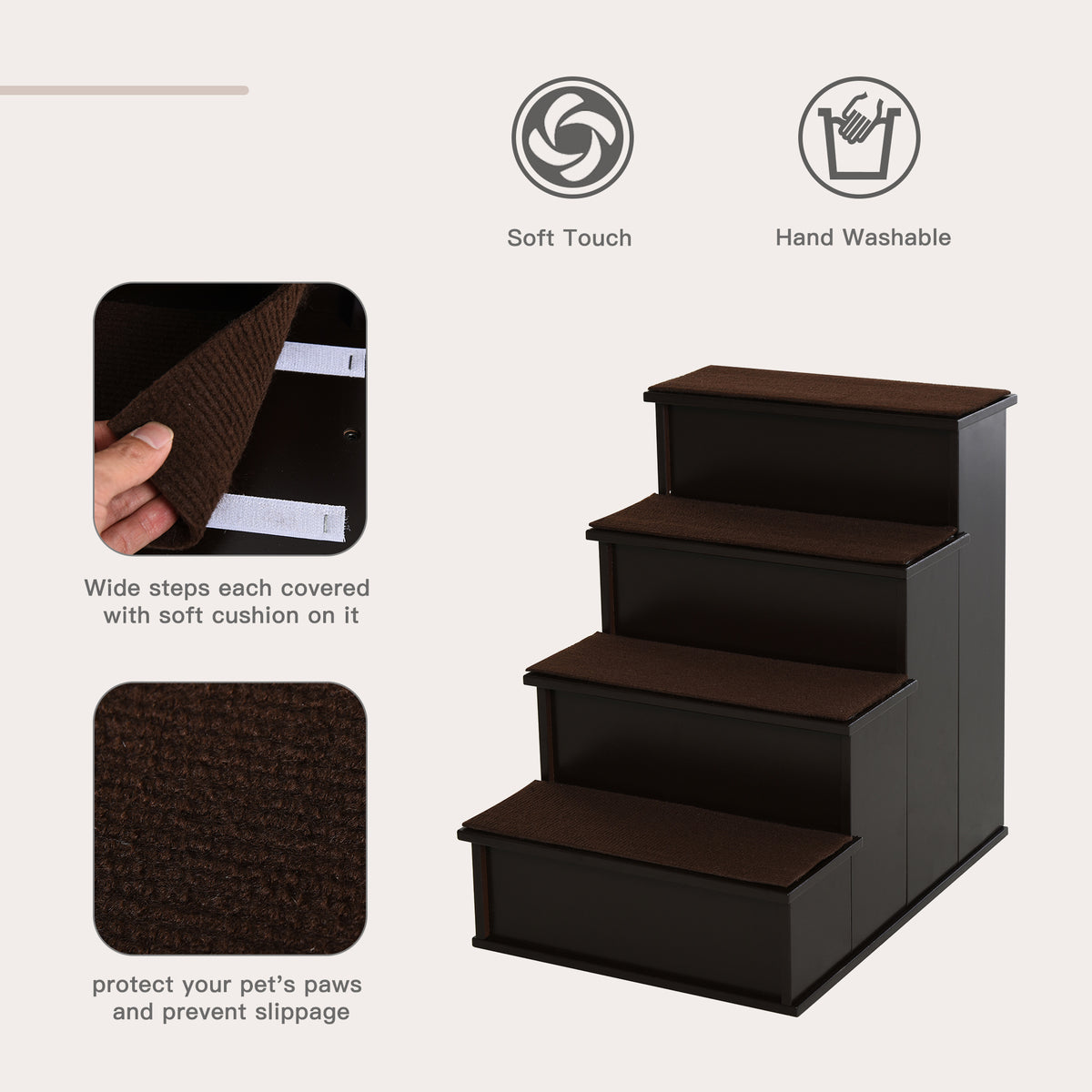 PawHut 4 Step Dog Steps for Bed, Wooden Dog Steps for Sofa, Pet Stairs for Bed Couch with Non-Slip Carpet for Cats and Puppies, 40 x 59 x 54.2 cm, Dark brown PawHut