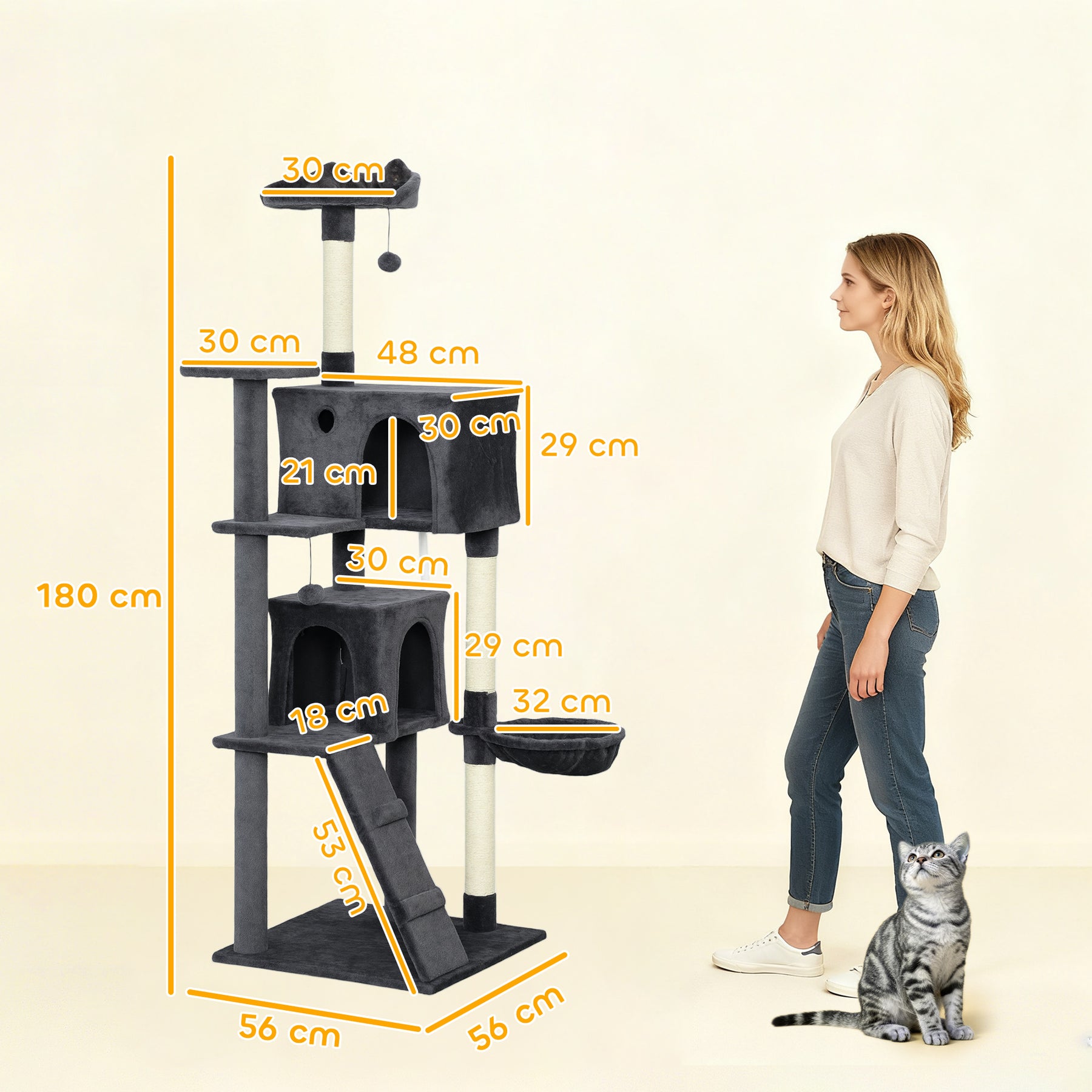 Large Cat Tree Tower with Sisal Scratching Posts, Condos, Plush Perches, Hammock, Ladder, Dark Grey