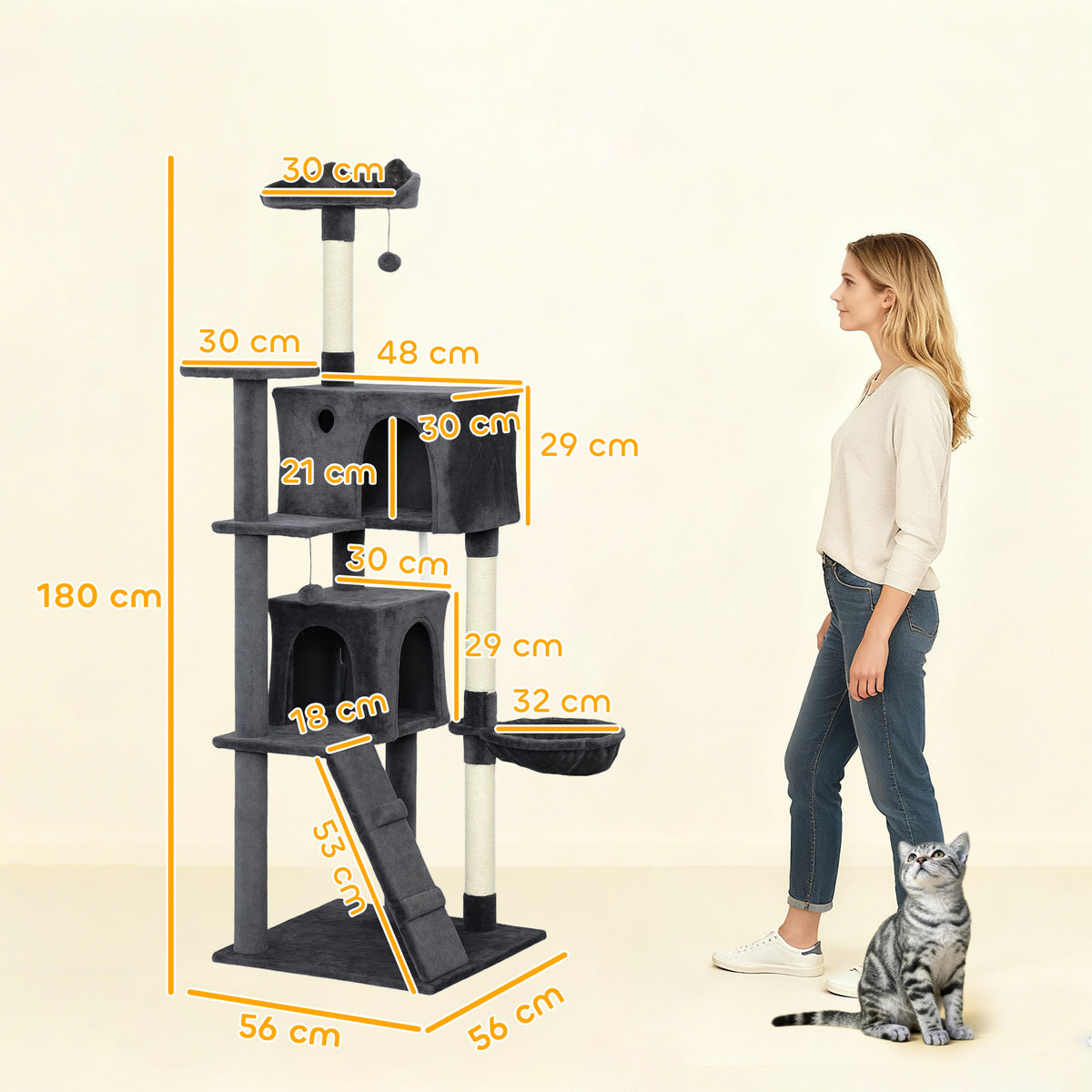 PawHut 180cm Large Cat Tree Tower with Sisal Scratching Posts, Condos, Plush Perches, Hammock, Ladder, Dark Grey PawHut