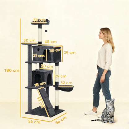 PawHut 180cm Large Cat Tree Tower with Sisal Scratching Posts, Condos, Plush Perches, Hammock, Ladder, Dark Grey PawHut