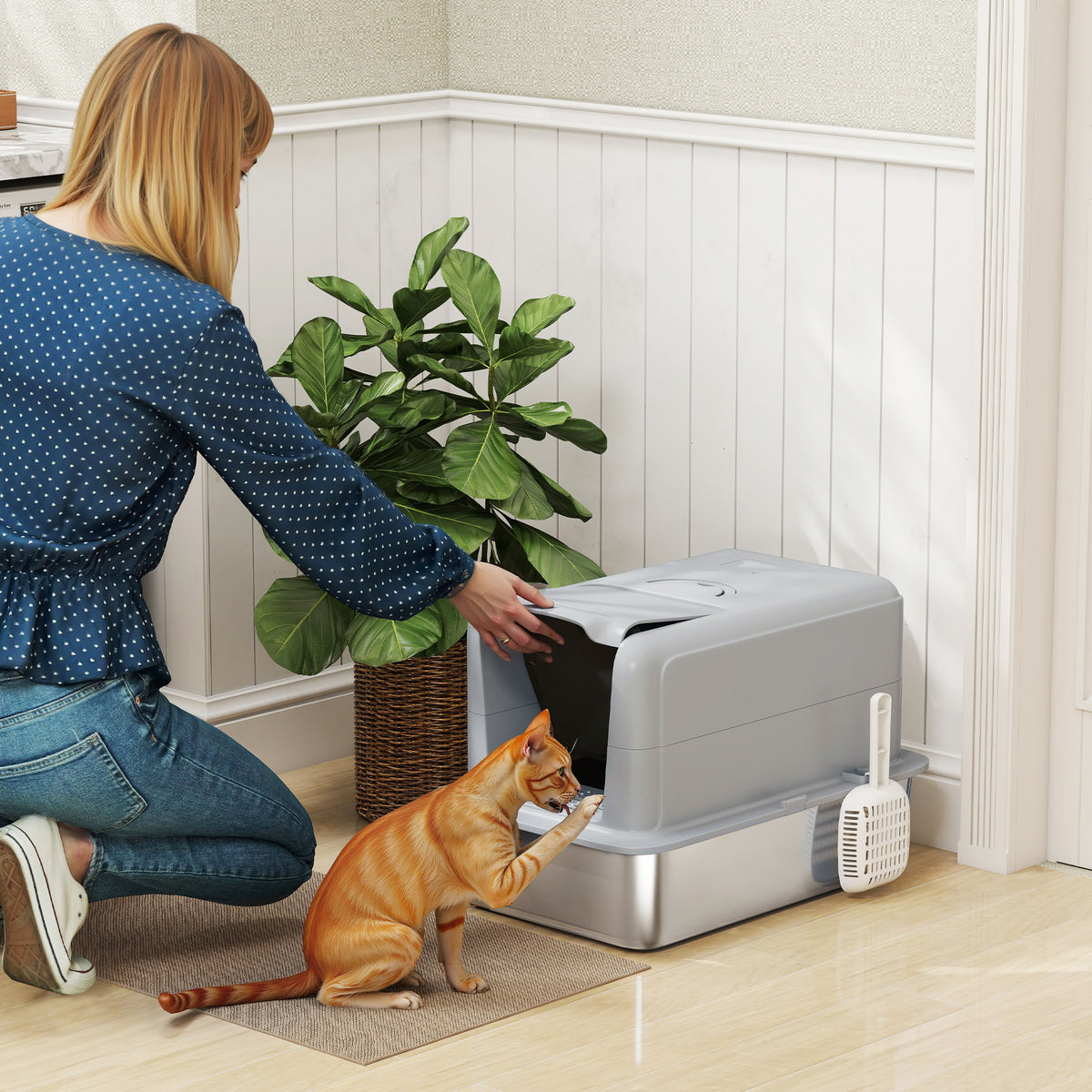 PawHut Stainless Steel Cat Litter Box with Removable Lid, Scoop, Filter Bags, for Larger Cats, Grey PawHut