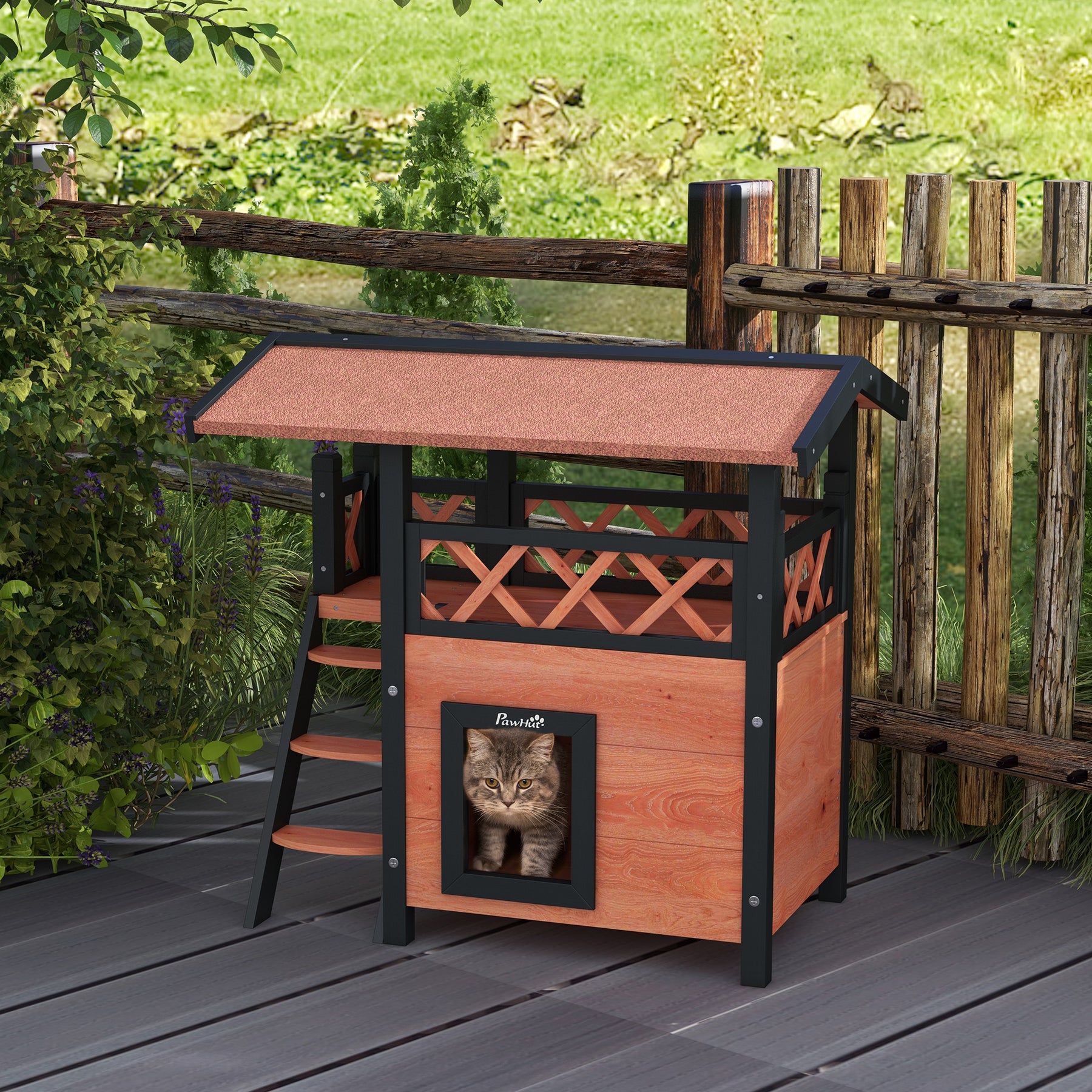 Cat House Outdoor w/ Balcony Stairs Roof, Brown