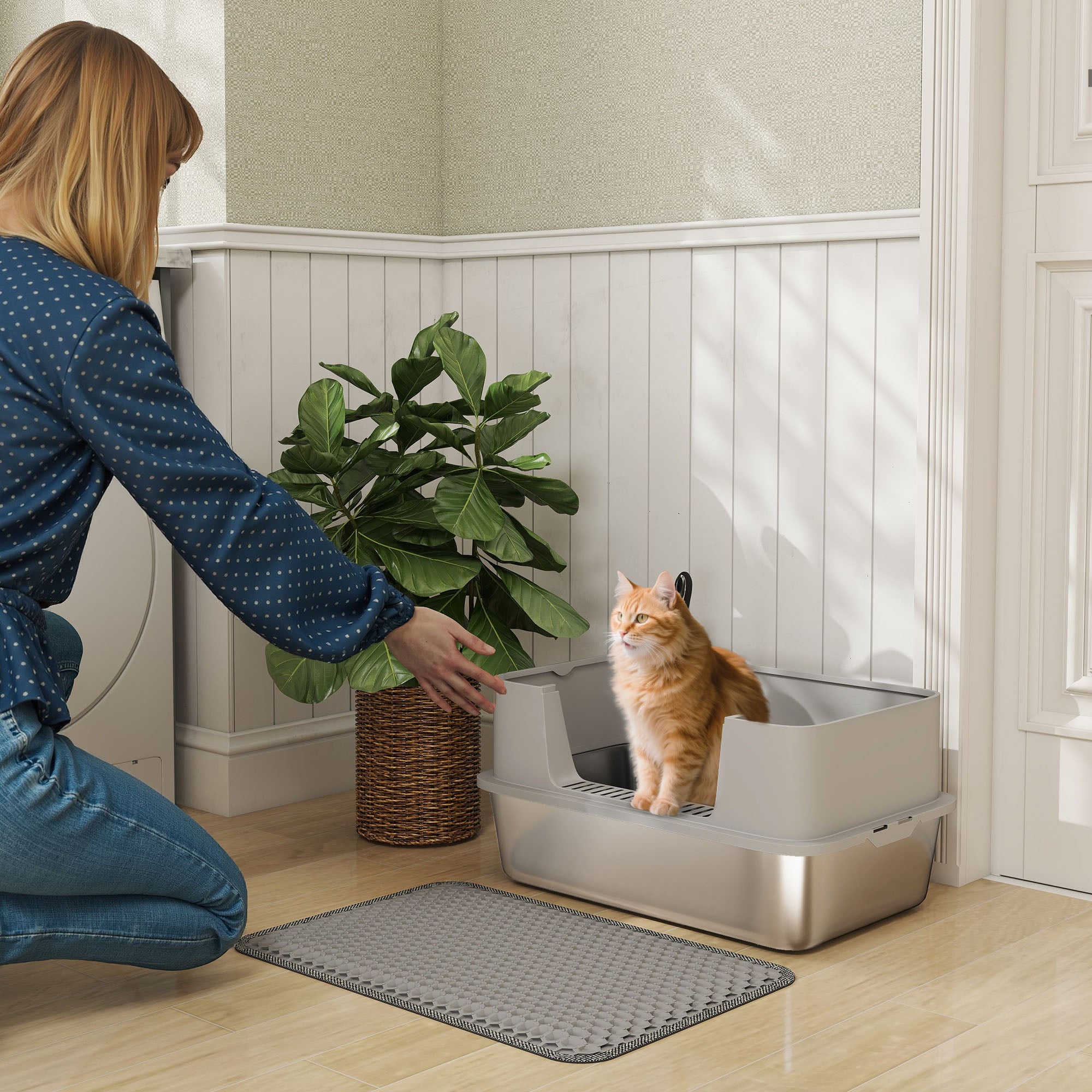 High Sided Stainless Steel Litter Box, Metal Cat Litter Tray with Scoop, Litter Mat, Never Absorbs Odors, Grey