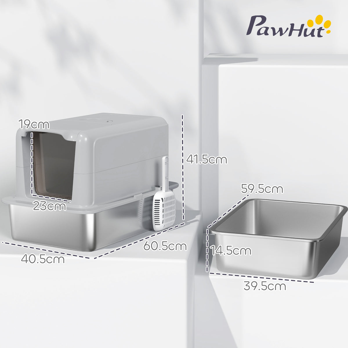 PawHut Stainless Steel Cat Litter Box with Removable Lid, Scoop, Filter Bags, for Larger Cats, Grey PawHut