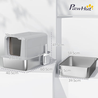 PawHut Stainless Steel Cat Litter Box with Removable Lid, Scoop, Filter Bags, for Larger Cats, Grey PawHut