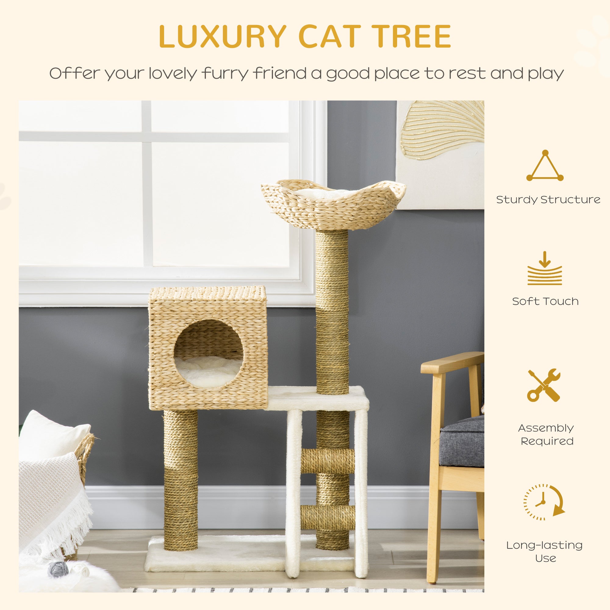 Cat Tree for Indoor Cats Kitten Tower Cattail Weave with Scratching Posts, Cat House, Bed Washable Cushions Natural