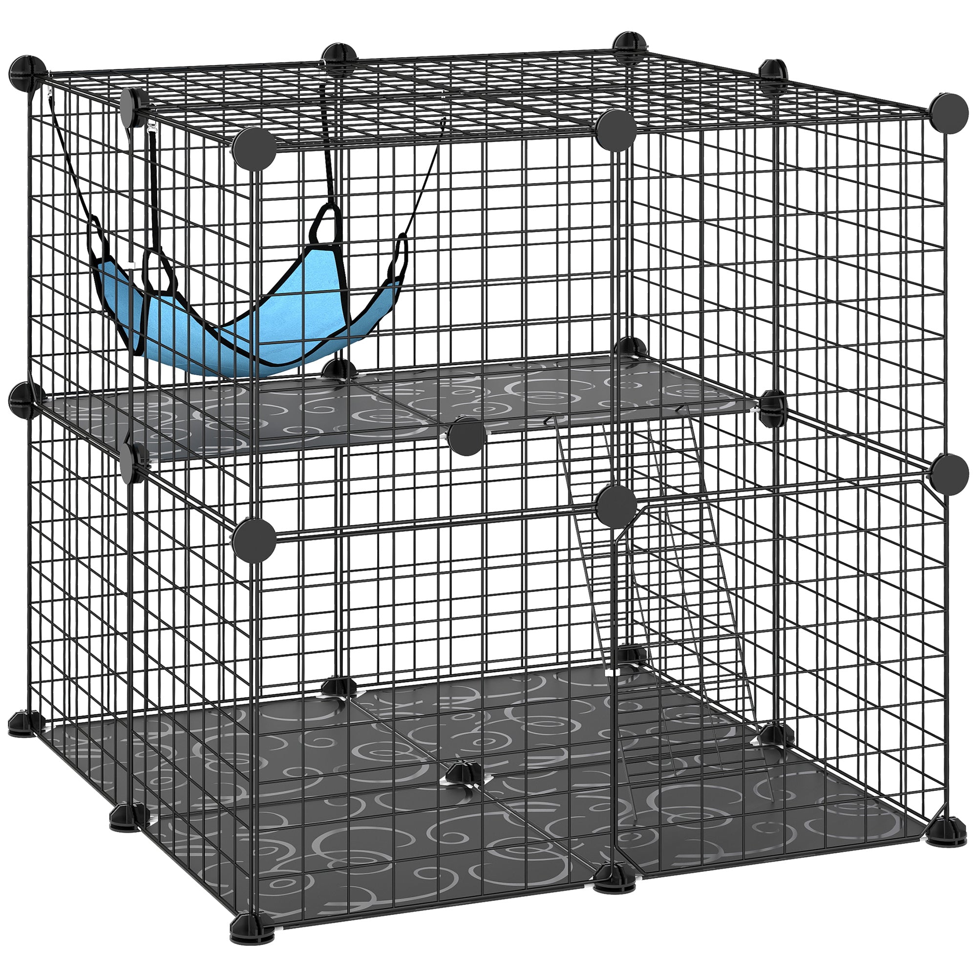Indoor Cat Cage DIY Customizable 2-Tier Indoor Cat Enclosure with 2 Doors and Hammock  Black
