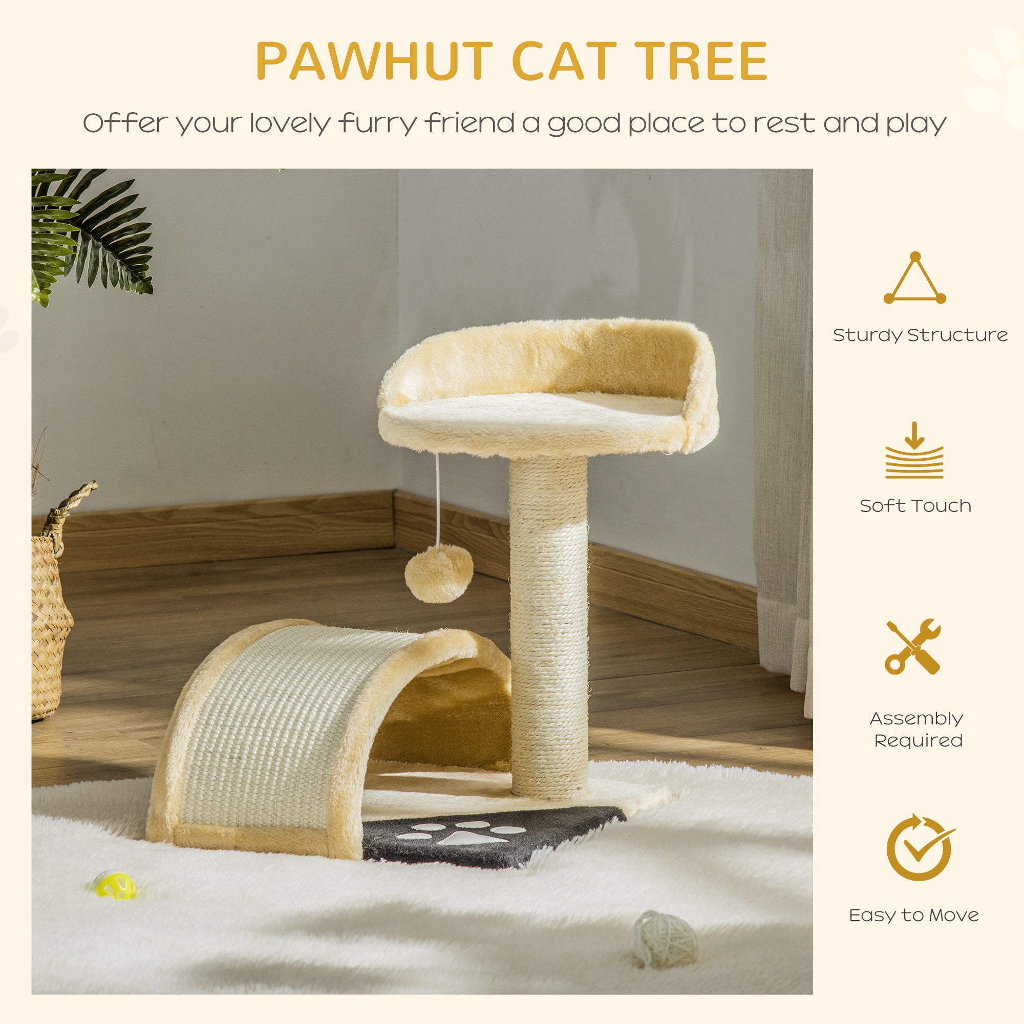 Cat Scratching Tree, Post with Activity Centre, Climber, Hanging Ball, Plush Cover, Beige