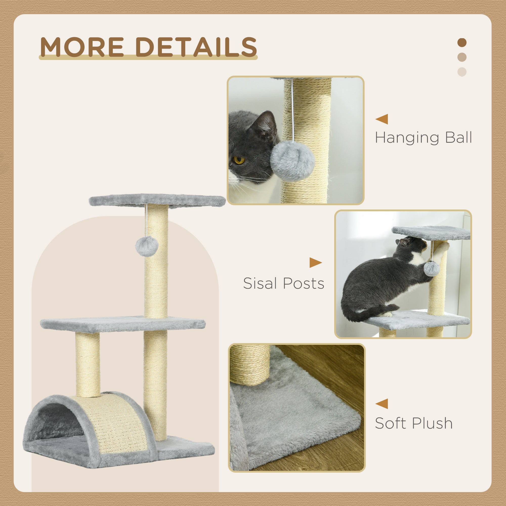 Compact Cat Tree for Indoor Use, Multi-Level with Sisal Scratching Posts, Cushioned Platform, Hanging Ball, Light Grey