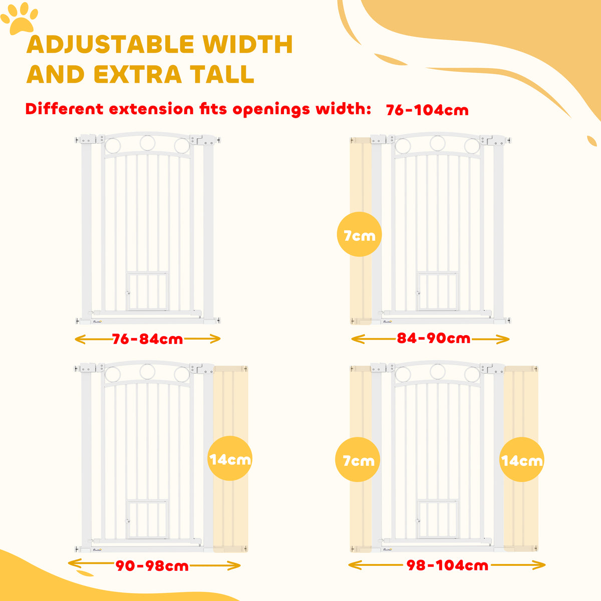 PawHut 106cm Tall Dog Gate with Cat Door, 7cm and 14cm Extensions, for Stairs, Doorways, 76-104cm Width PawHut