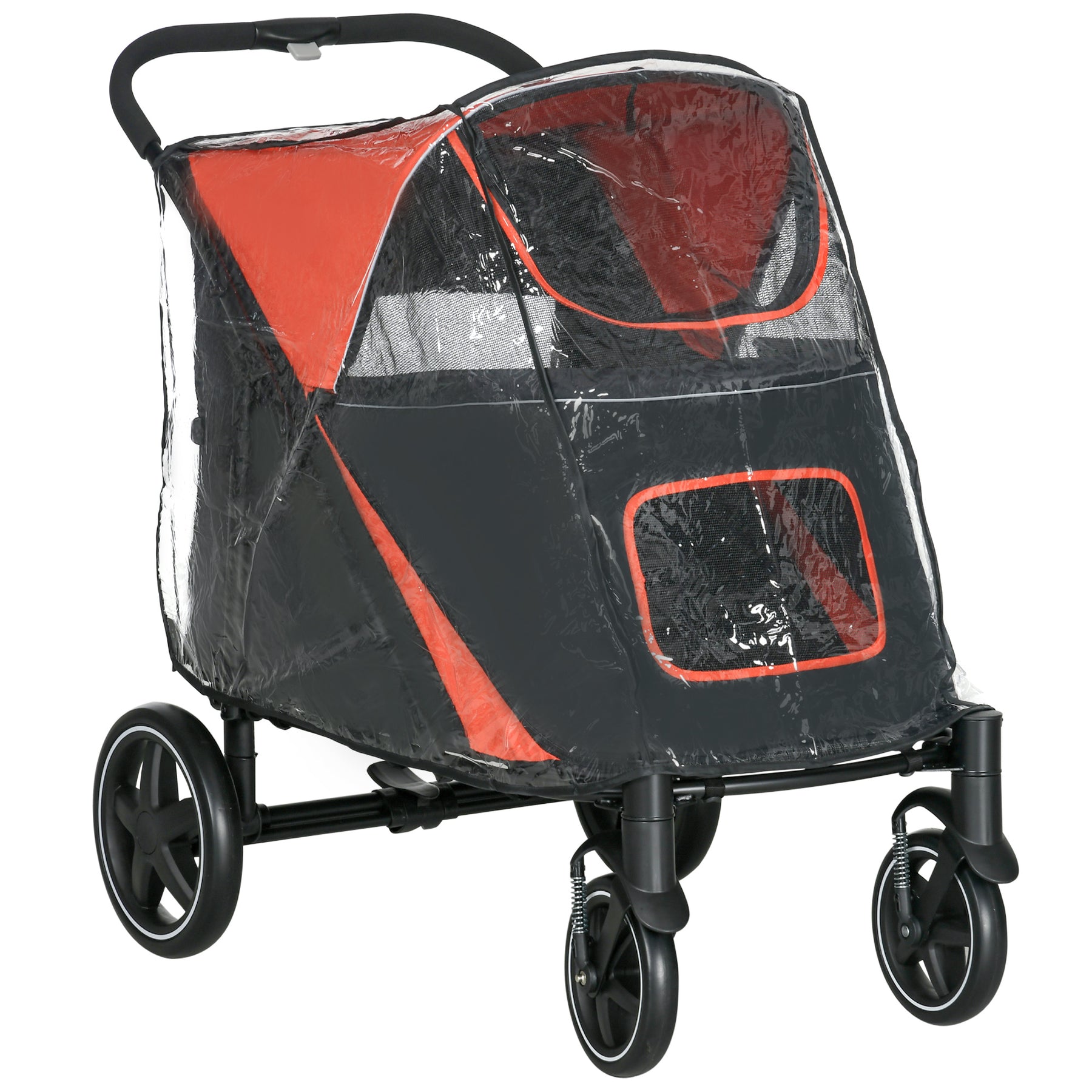 One-Click Foldable Pet Travel Stroller with Rain Cover, Cat Dog Pushchair with Front Wheels, Shock Absorber, Storage Bags, Mesh
