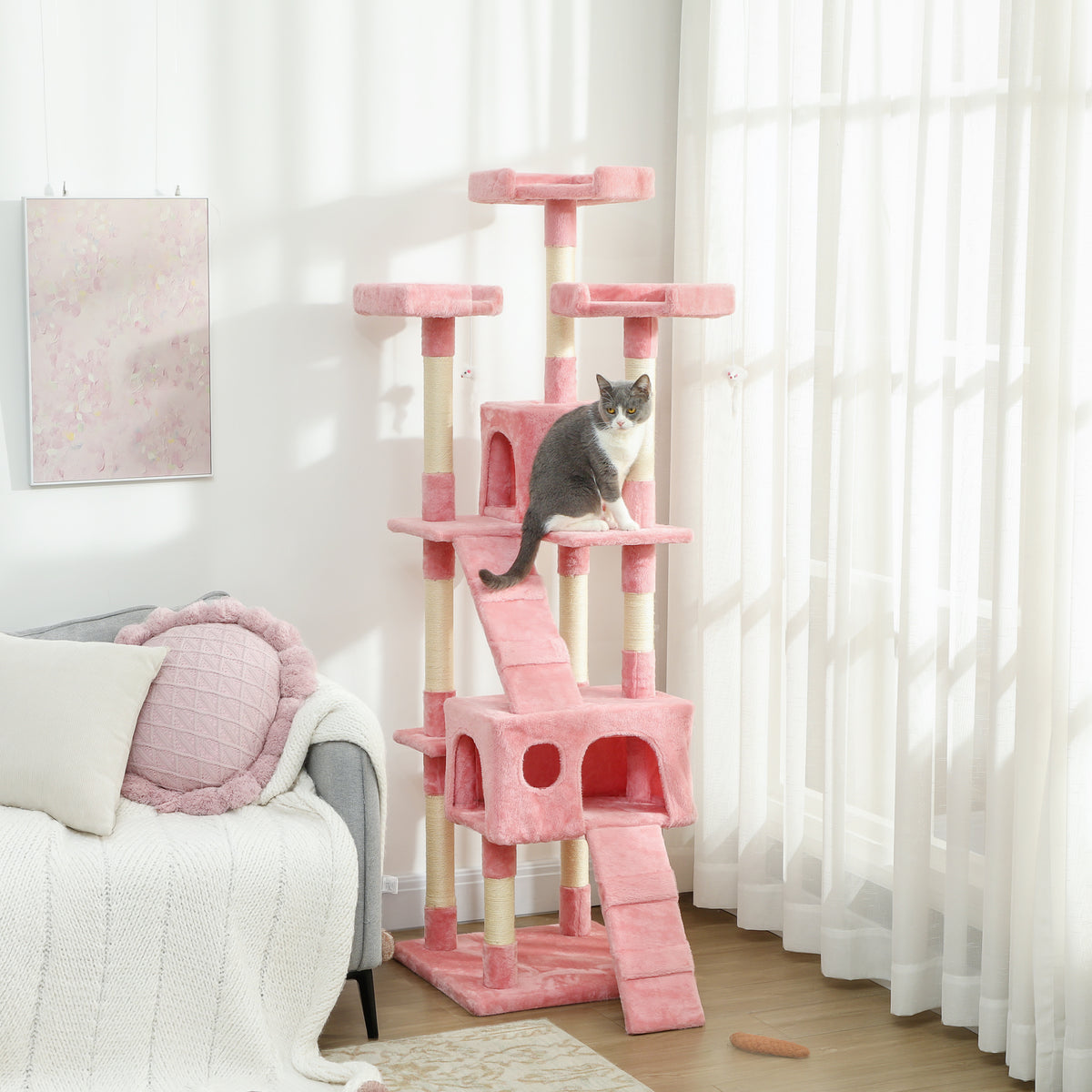 PawHut 173cm Cat Tree Scratching House, Activity Play Centre, Pink PawHut