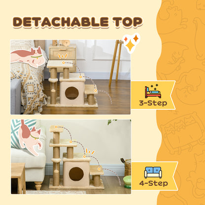 PawHut Adjustable Cat Steps, with House & Hanging Toy Ball - Beige PawHut
