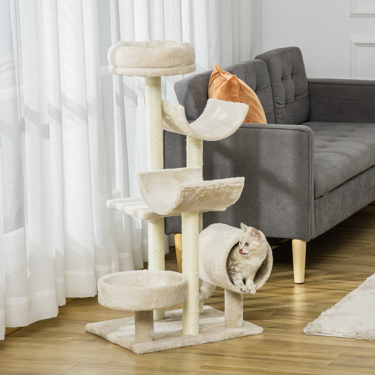 PawHut 105cm Cat Tree with Tunnel, Scratching Posts & Perch – Beige Cat Trees & Towers PawHut