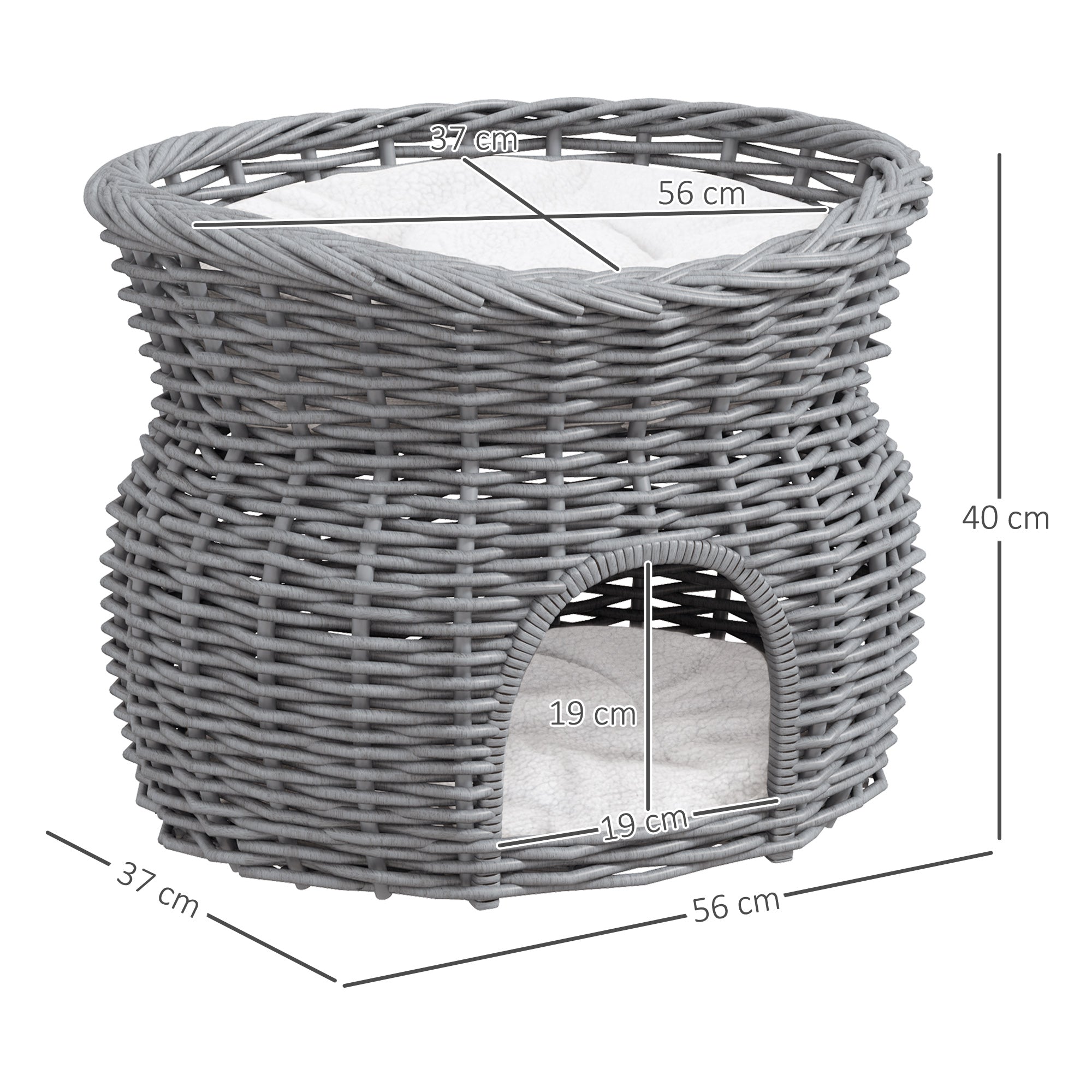 Wicker Cat House, 2-Tier Elevated Pet Bed Basket, Willow Kitten Tower with Washable Cushions, Grey