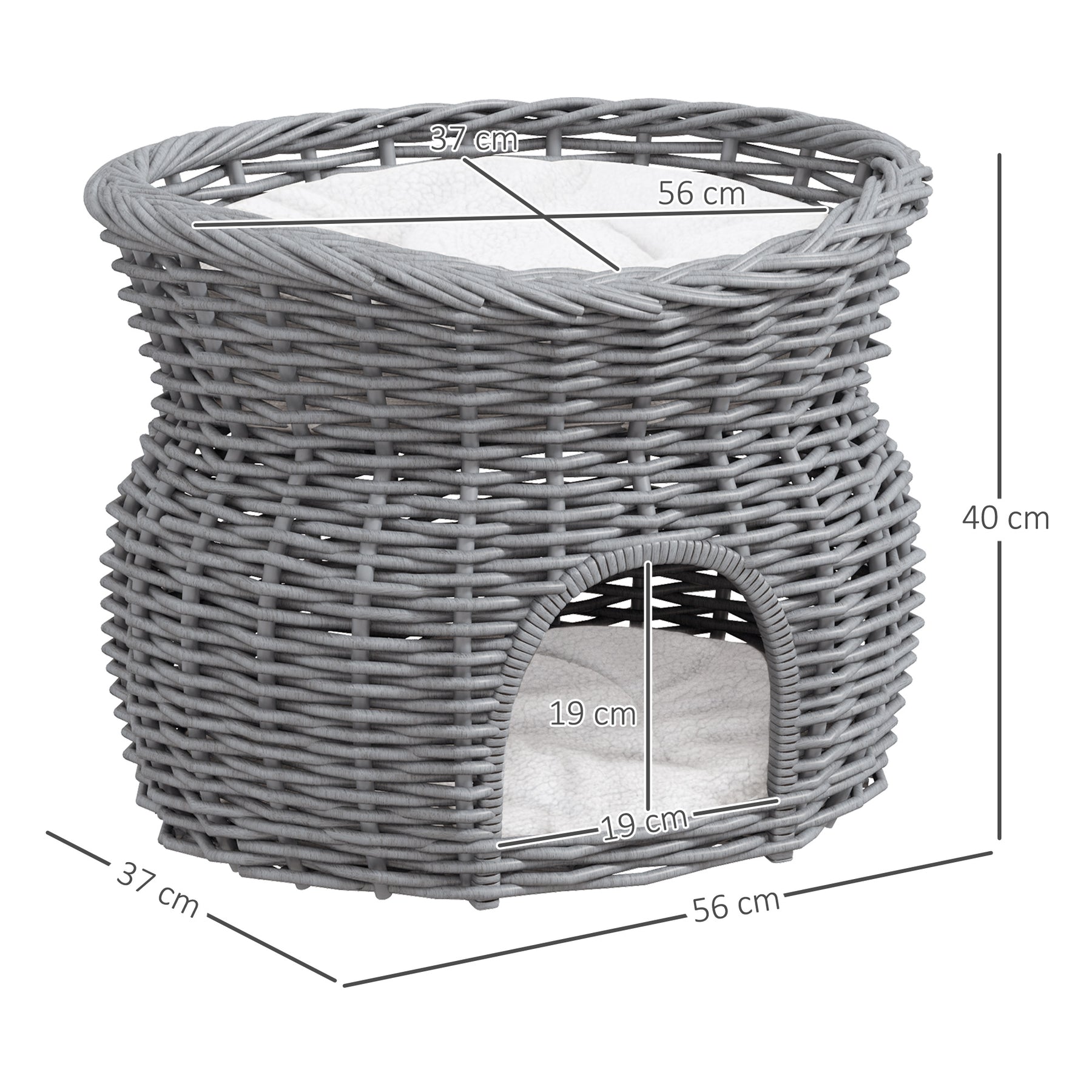 Wicker Cat House, 2-Tier Elevated Pet Bed Basket, Willow Kitten Tower with Washable Cushions, Grey