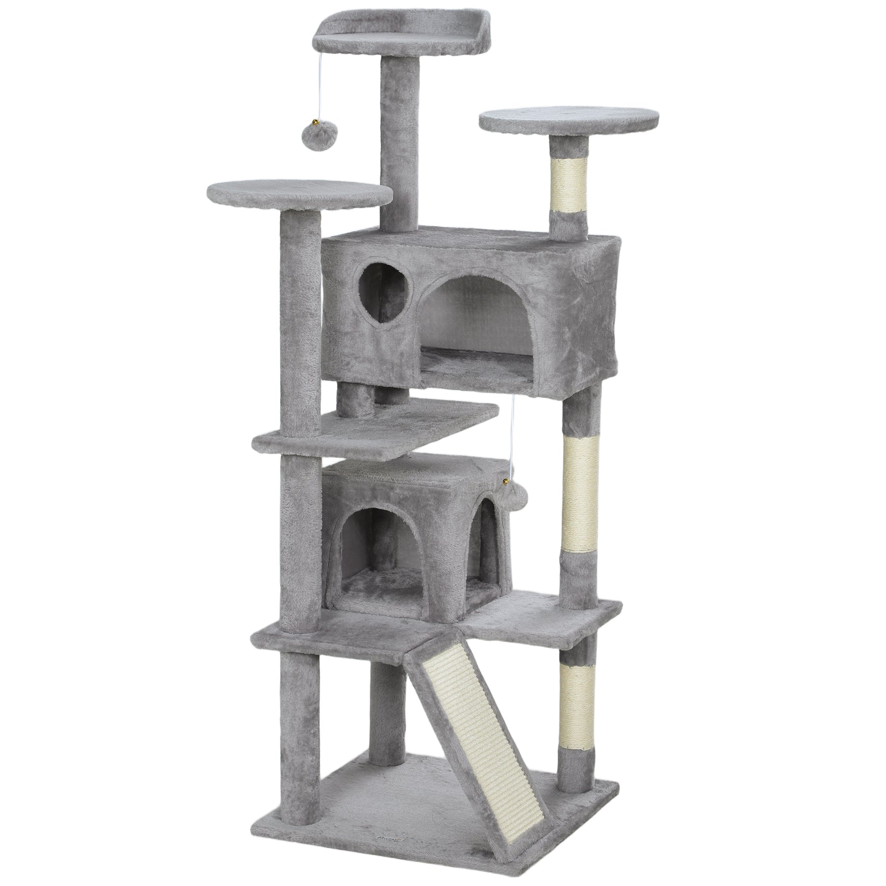 Cat Tree, Multi-Level Cat Tower with Scratching Posts and Pad, Bed, Condos, Platforms, Toy Balls, Light Grey