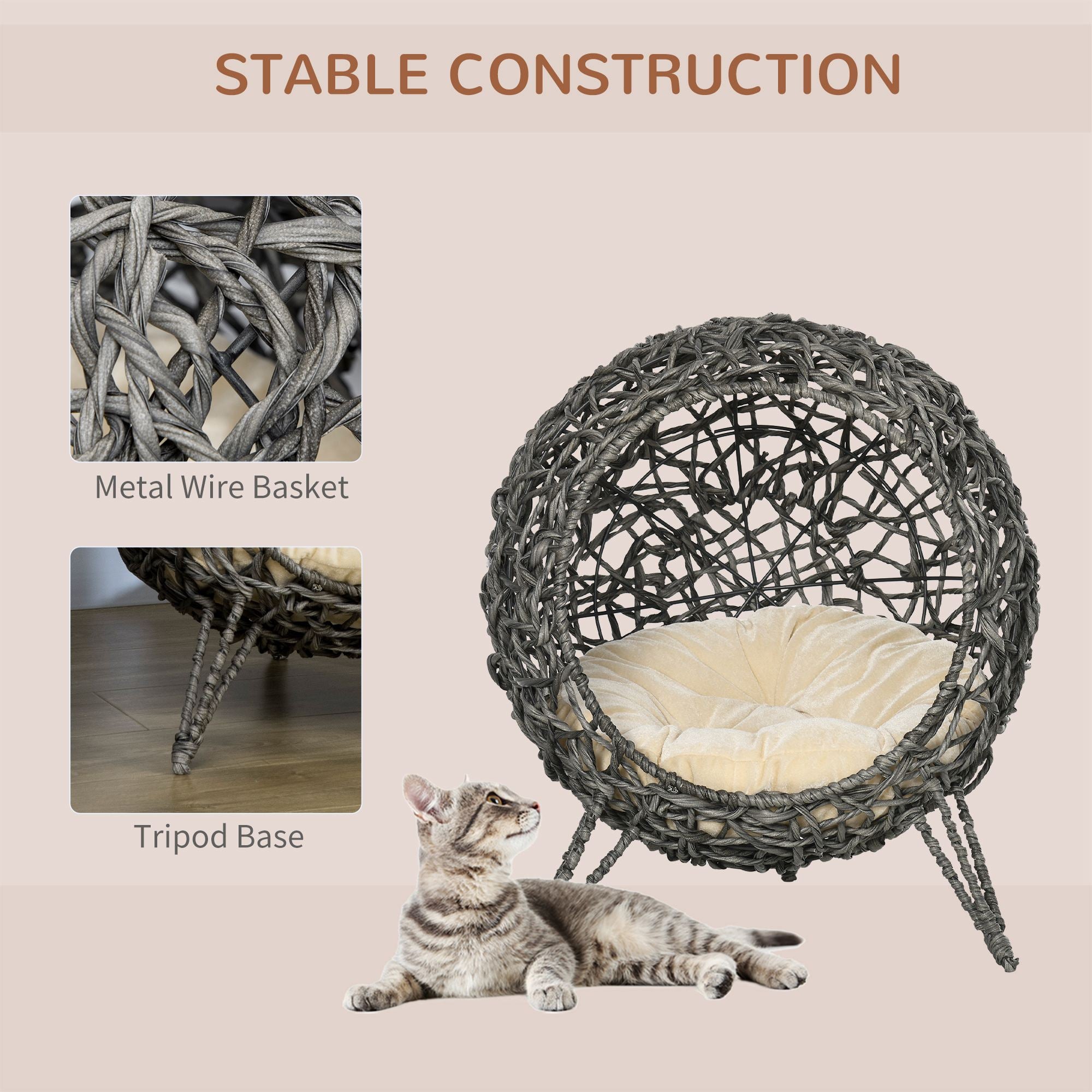 Rattan Elevated Cat Bed: Cosy Ball-Shaped Kitten Abode with Removable Cushion, Silver-Tone and Grey