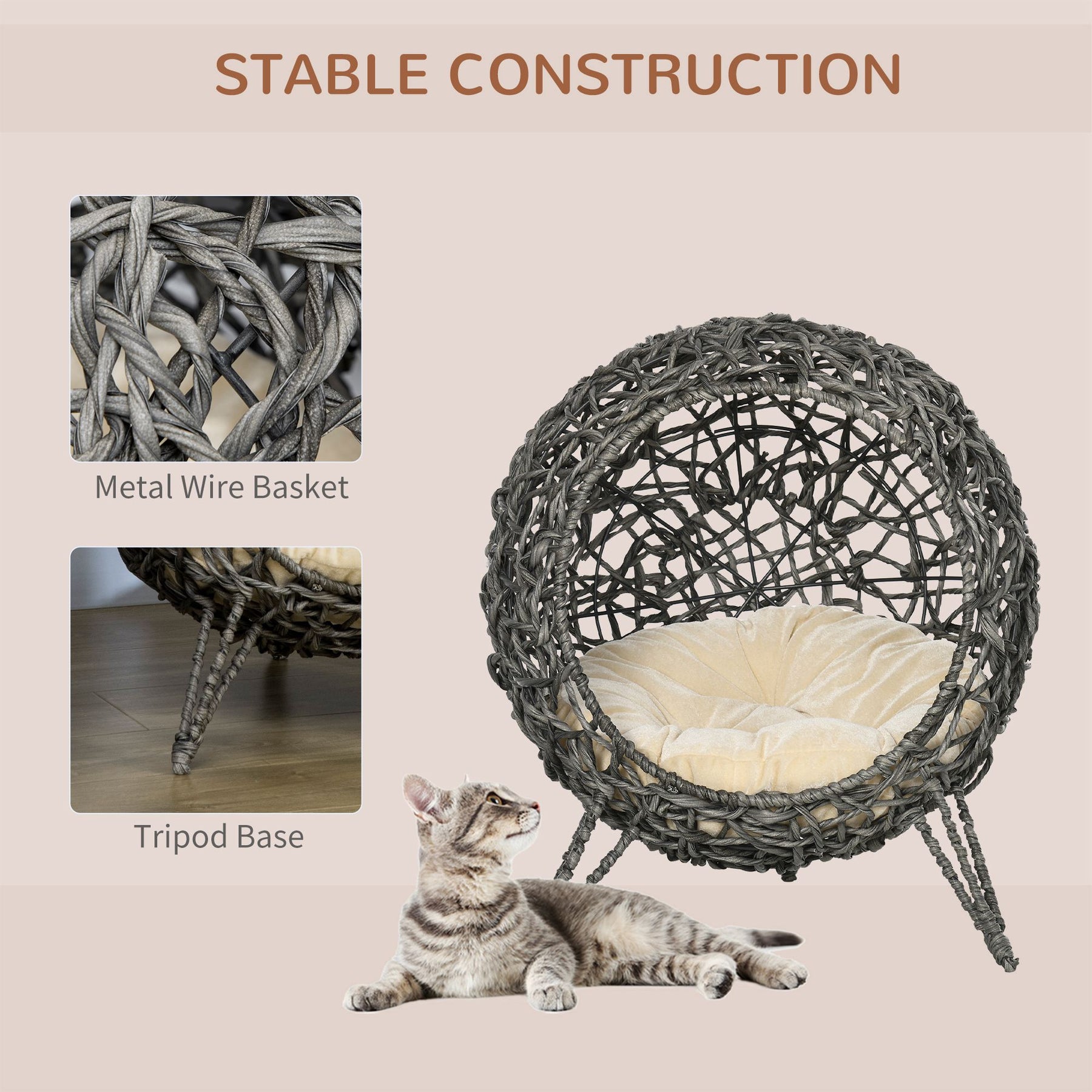 Rattan Elevated Cat Bed: Cosy Ball-Shaped Kitten Abode with Removable Cushion, Silver-Tone and Grey