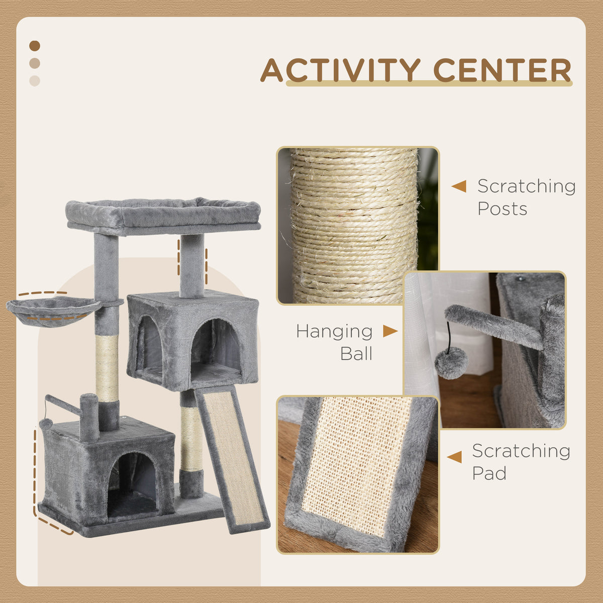 PawHut Multi-Level Cat Tree with Scratching Posts, Two Condos & Hammock – 111cm Cat Tower Multi-Level Cat Tree PawHut