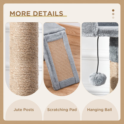 PawHut 142cm Cat Tree with Jute Scratching Posts, Platform & Hanging Toy – Grey Cat Trees & Towers PawHut