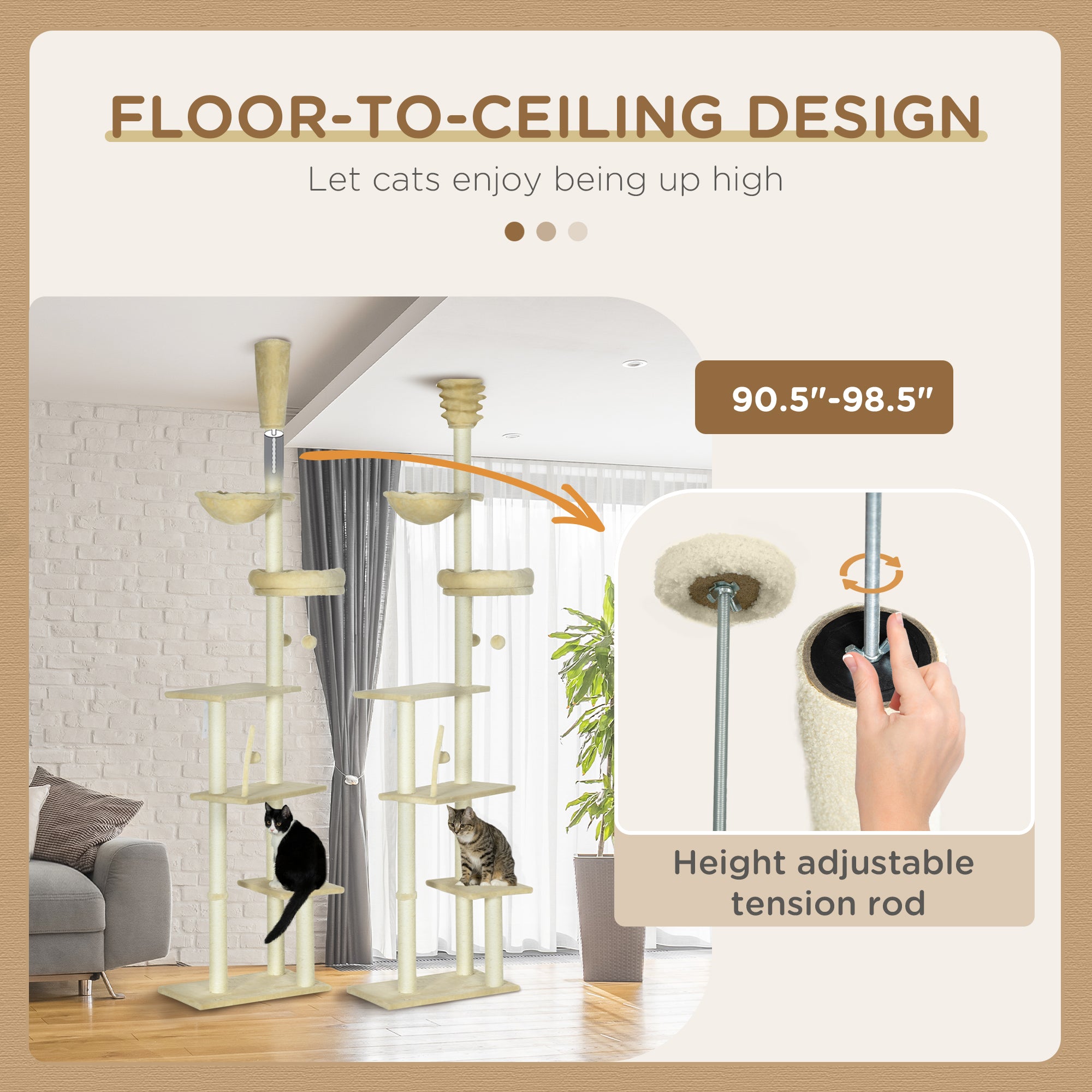 Cat Tree Floor to Ceiling, 6-Tier Play Tower with Scratching Post, Platforms, Adjustable Height, Beige