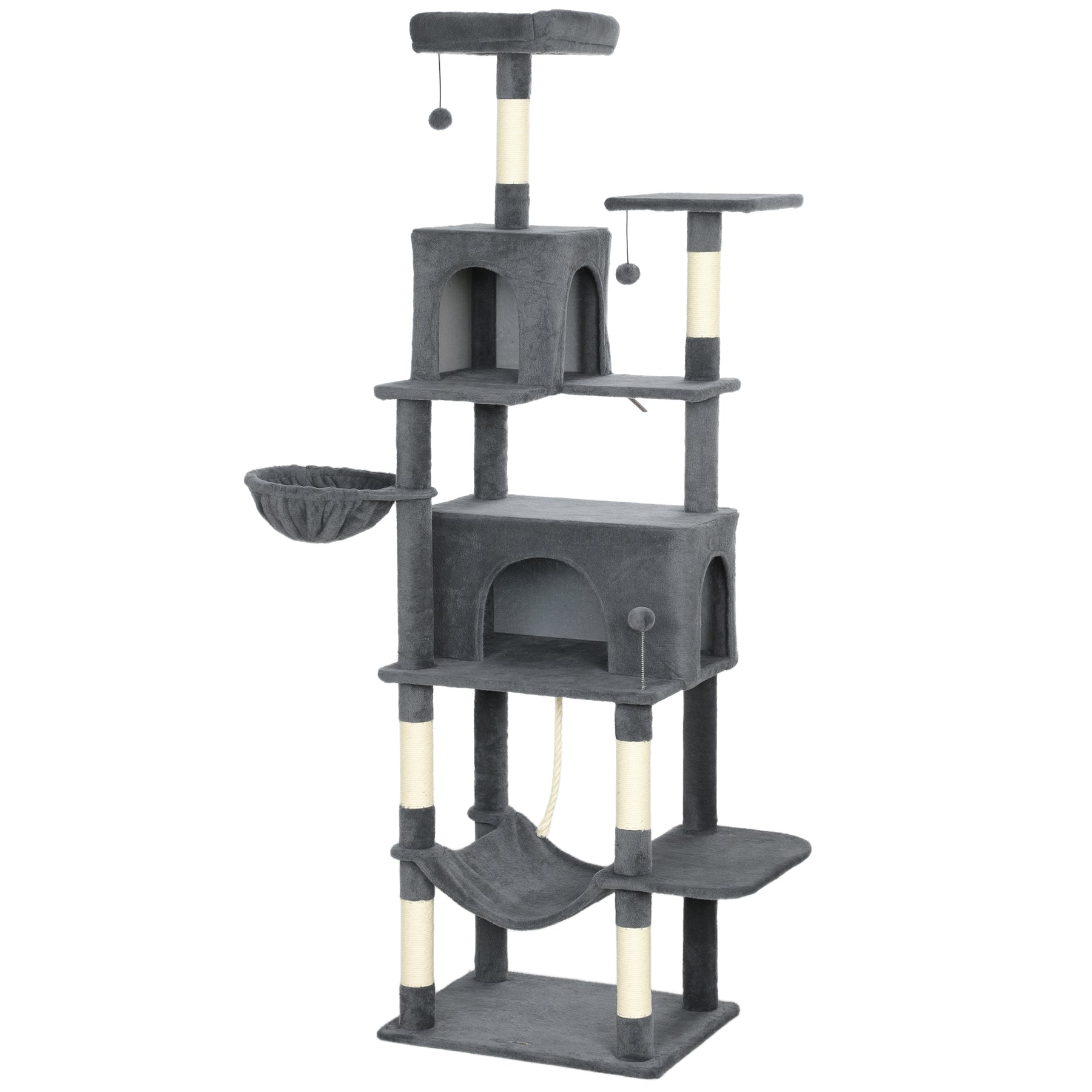 Large Cat Tree with 6 Scratching Posts, 2 Hammocks, 2 Condos, 2 Perches, Pompoms, for Indoor Cats to Rest and Play