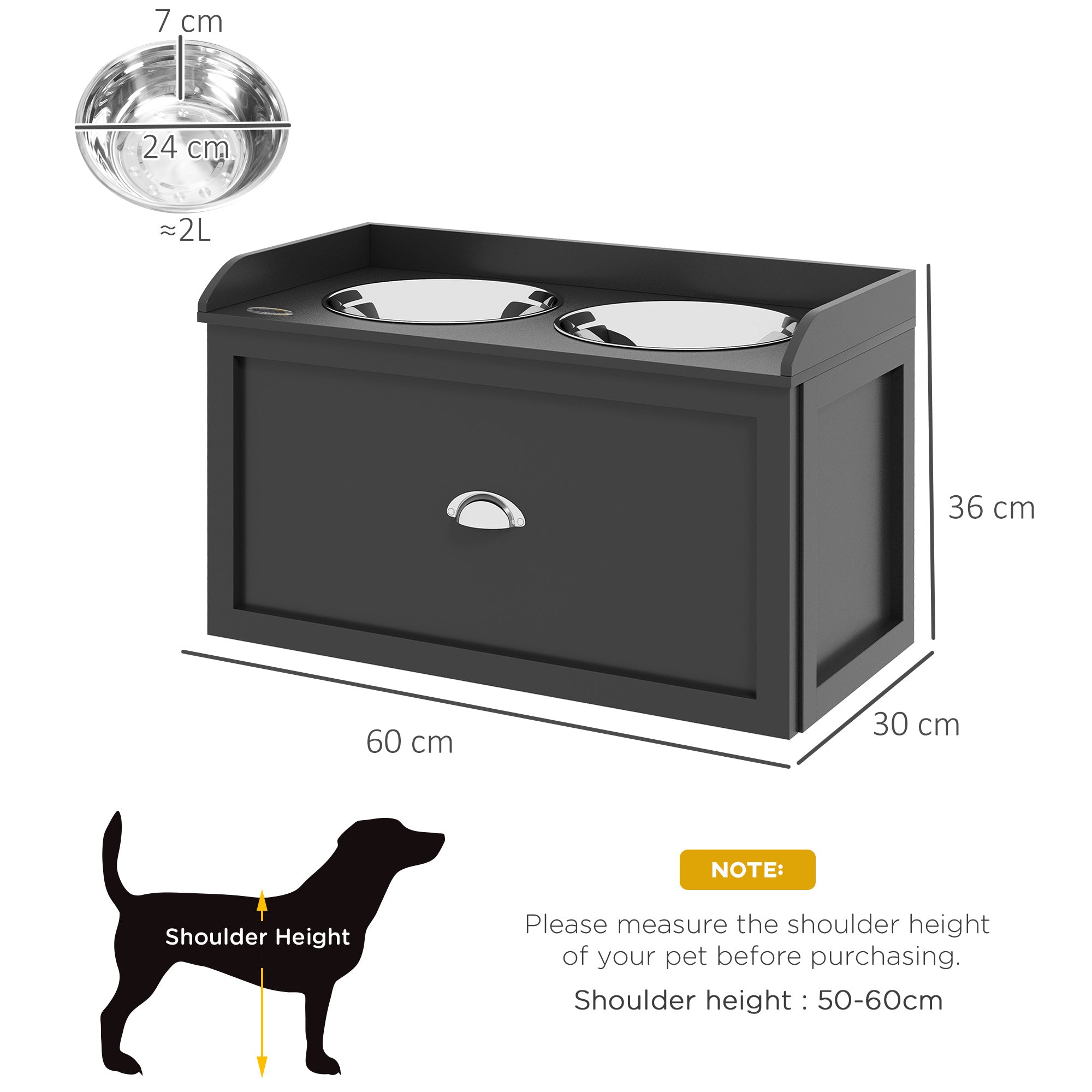 Elevated Dog Bowls in Stainless Steel, with 21L Food Storage Drawer, for Large Dogs and Cats, Black
