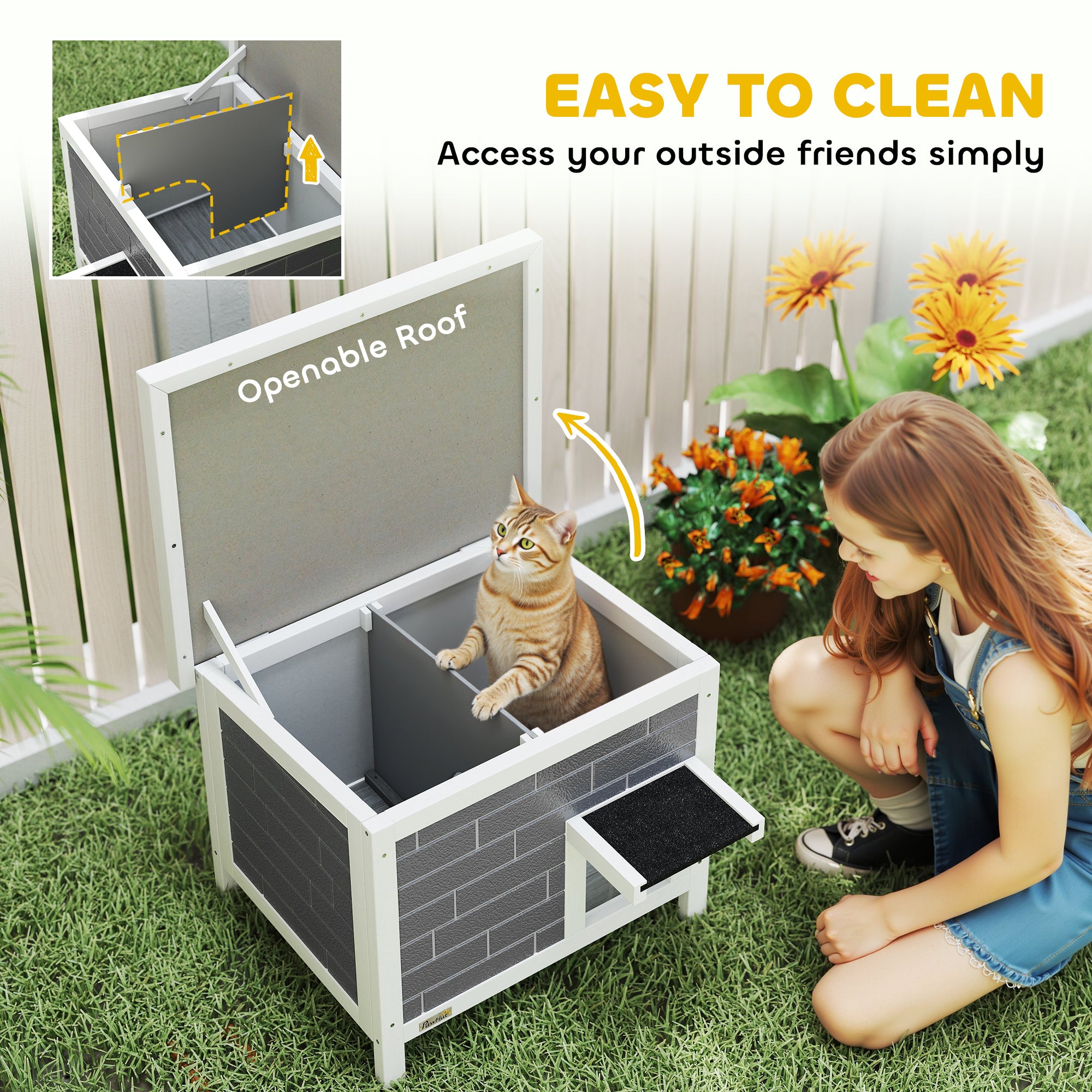 Outdoor Cat House Insulated with Openable Roof, Weatherproof Feral Cat Shelter for Rabbits, Cats, Grey