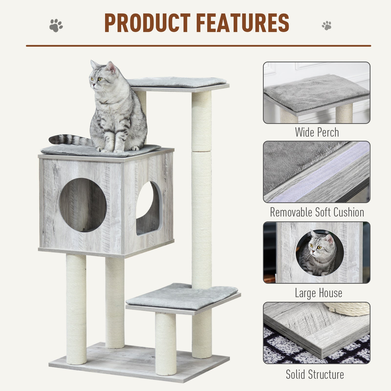 Multi-Level Cat Tree Tower Activity Center Climbing Stand Kitten House Furniture with Scratching Posts Condo Perch Plush Cushion Grey