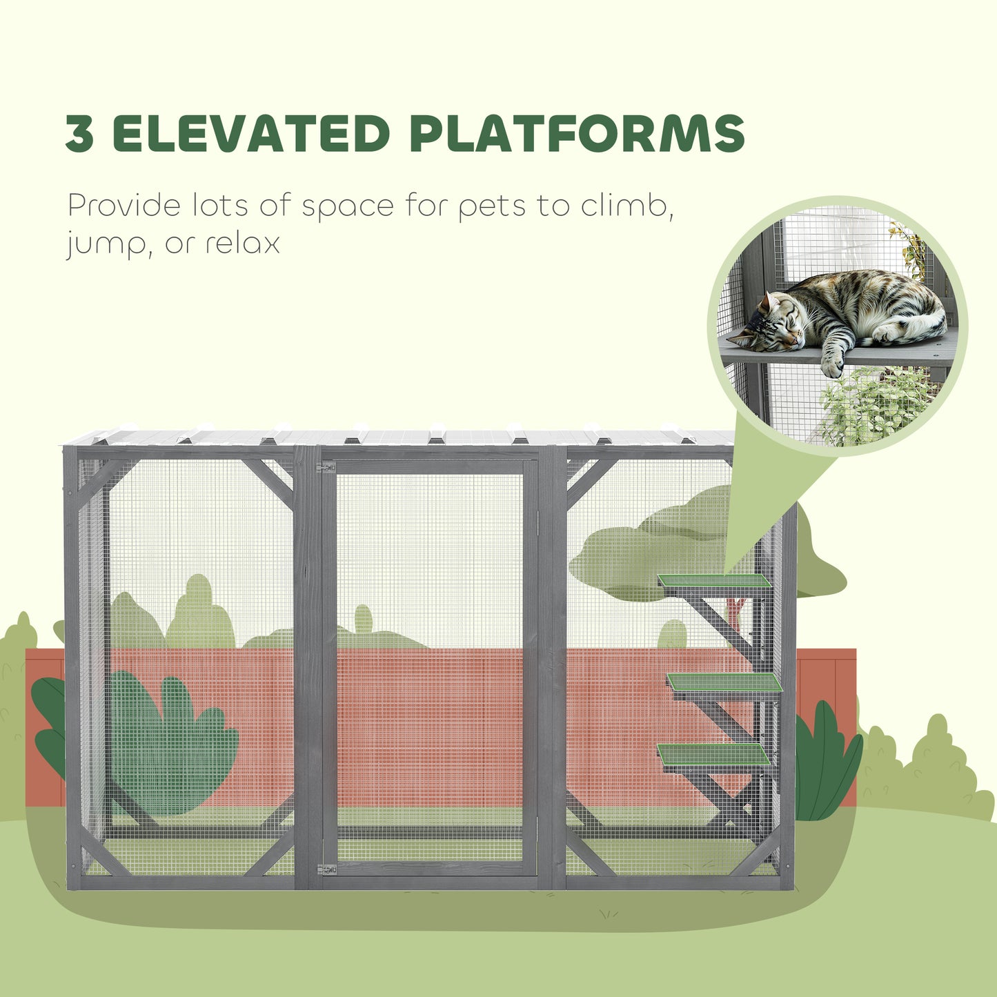 Outdoor Wooden Cat House with 3 Platforms, Large Door and Weatherproof Roof, for Multiple Cats, Grey