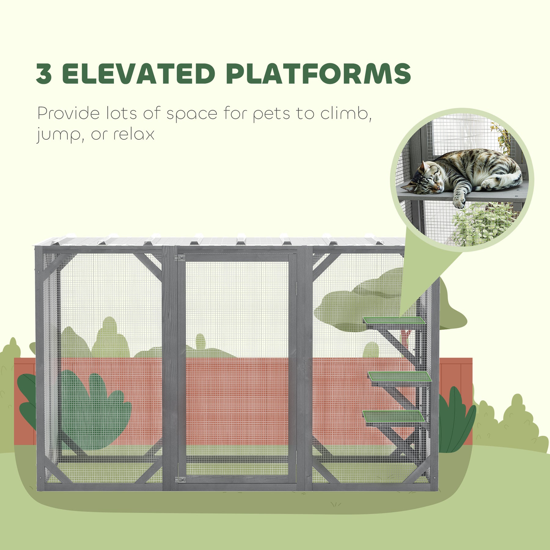 Outdoor Wooden Cat House with 3 Platforms, Large Door and Weatherproof Roof, for Multiple Cats, Grey