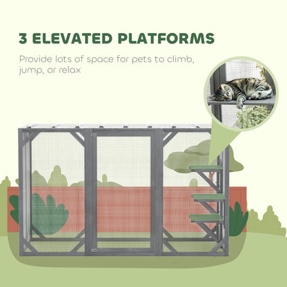 Outdoor Wooden Cat House with 3 Platforms, Large Door and Weatherproof Roof, for Multiple Cats, Grey