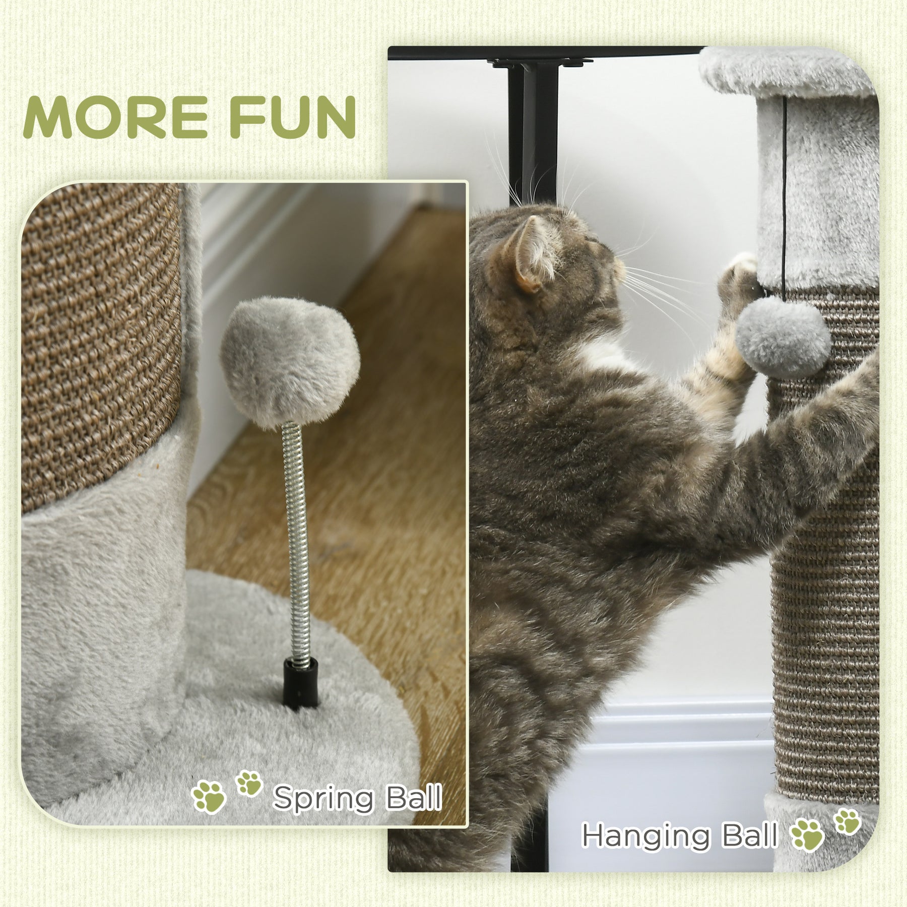 Corner Wall Cat Scratching Post, Claw Scratcher with Plush Cover & Sisal Rope, Play Toy Balls, Grey