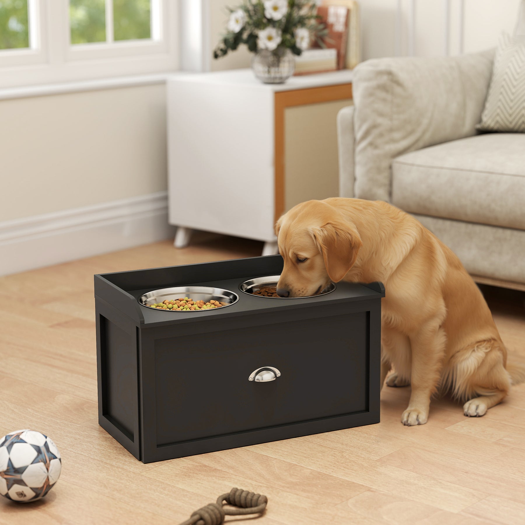 Elevated Dog Bowls in Stainless Steel, with 21L Food Storage Drawer, for Large Dogs and Cats, Black