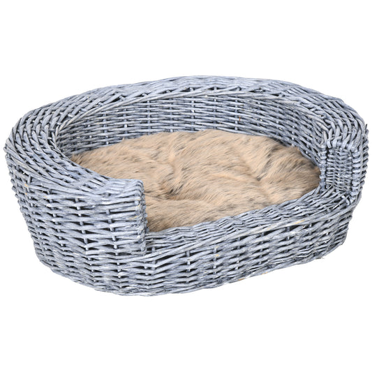 PawHut Wicker Pet Bed Willow Dog Cat Sofa Puppy Basket with Cushion Grey 57L x 46W x 17.5H cm PawHut Default Title