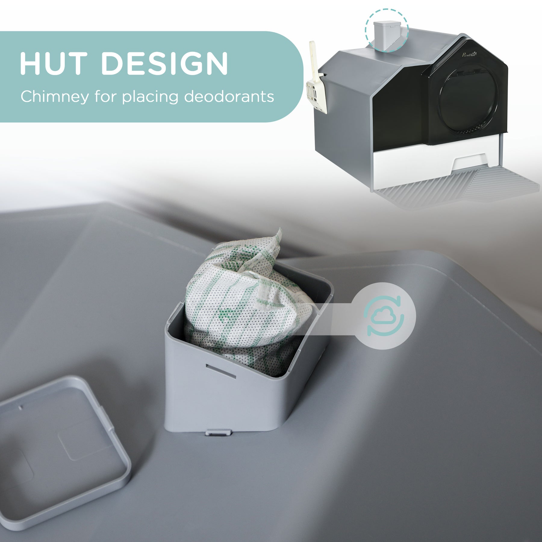 Cat Litter Box with Scoop, Enclosed Cat Toilet with Pull-Out Drawer, Odour Control & Easy Clean, Slate Grey