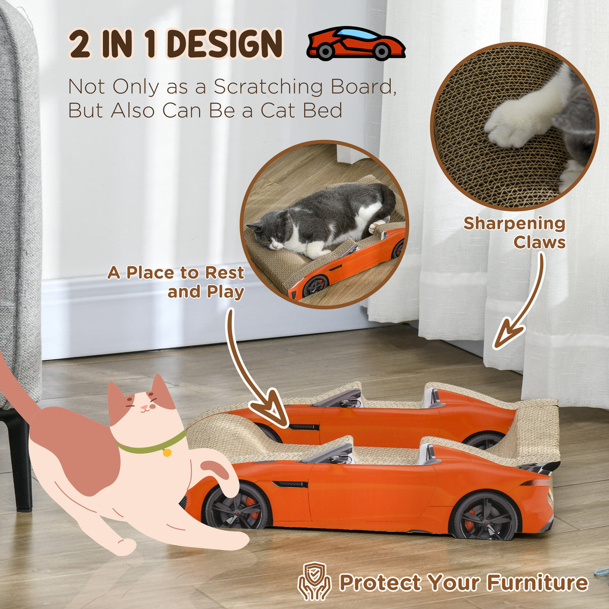 PawHut 2 in 1 Cat Scratching Board with Catnip, Car-shaped PawHut