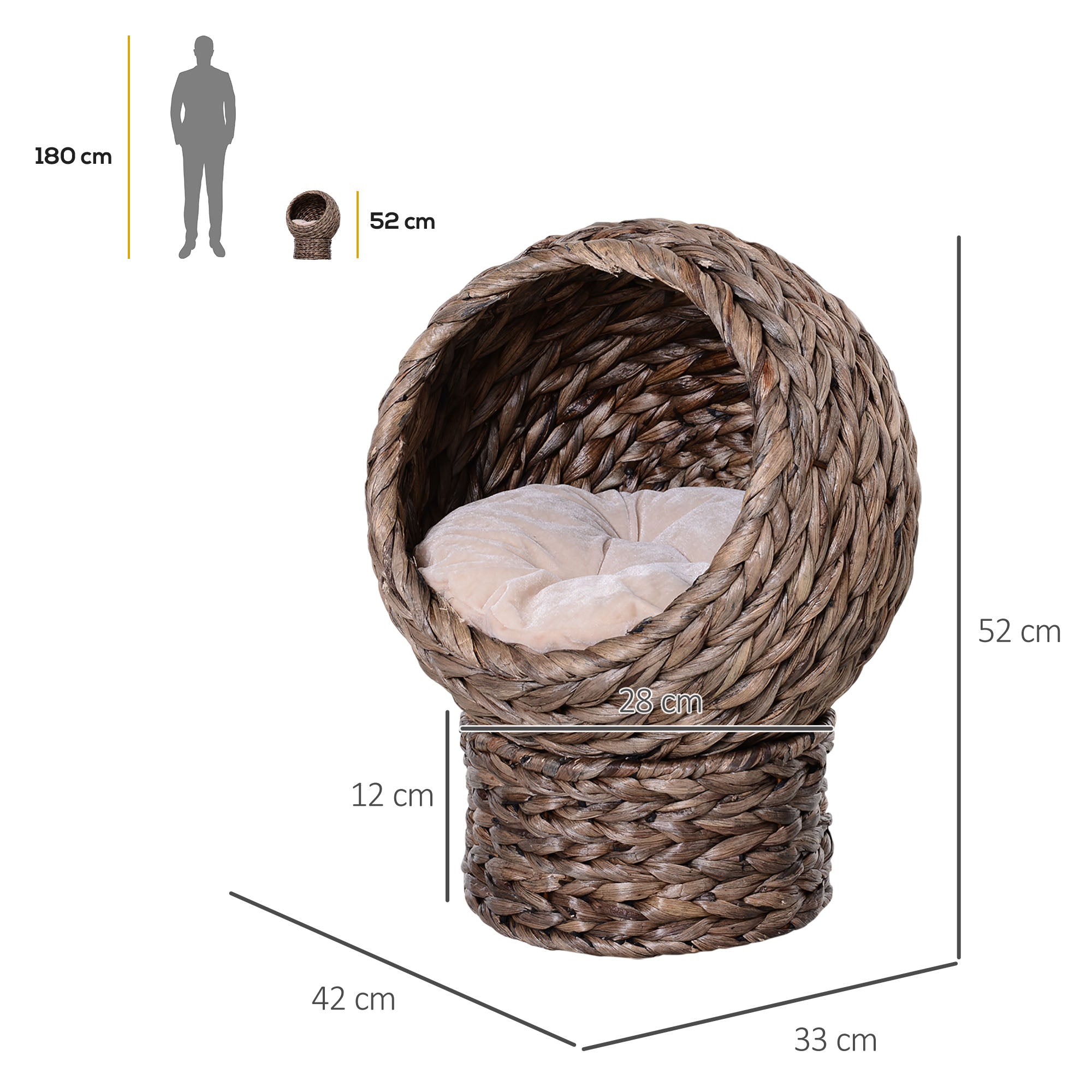 Wicker Cat Bed, Raised Rattan Cat Basket with Cylindrical Base, Soft Washable Cushion, Brown