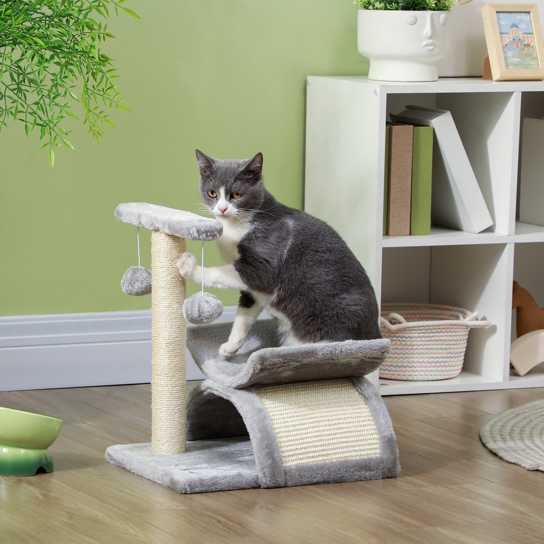 Kitten Activity Tree with Sisal Scratching Posts, Compact Cat Play Tower with Rotating Bar, Tunnel, Grey