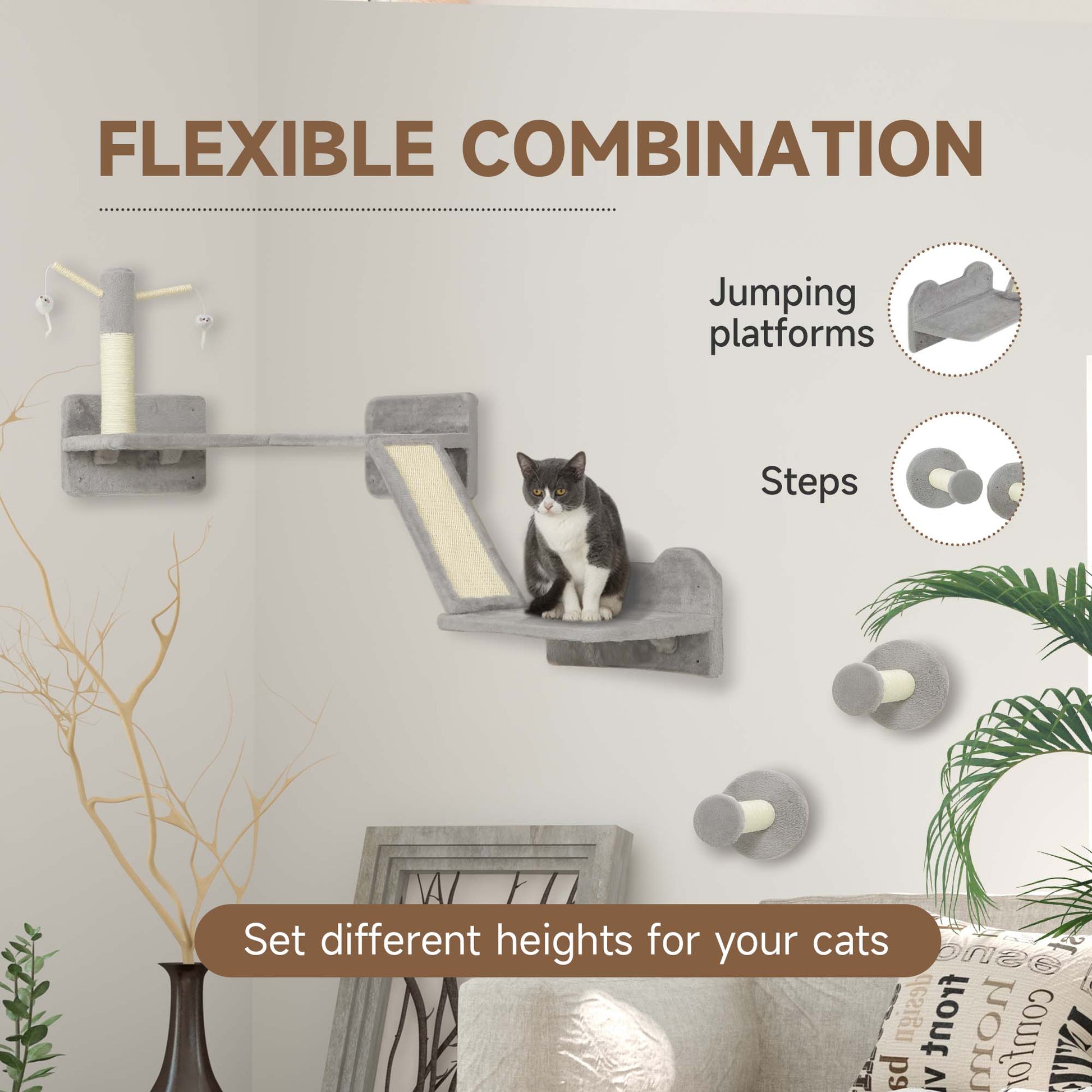 Cat Shelves with Scratching Posts, Scratching Pads, Perches, Cat Wands, Toy Balls, 3PCs for Indoor Light Grey