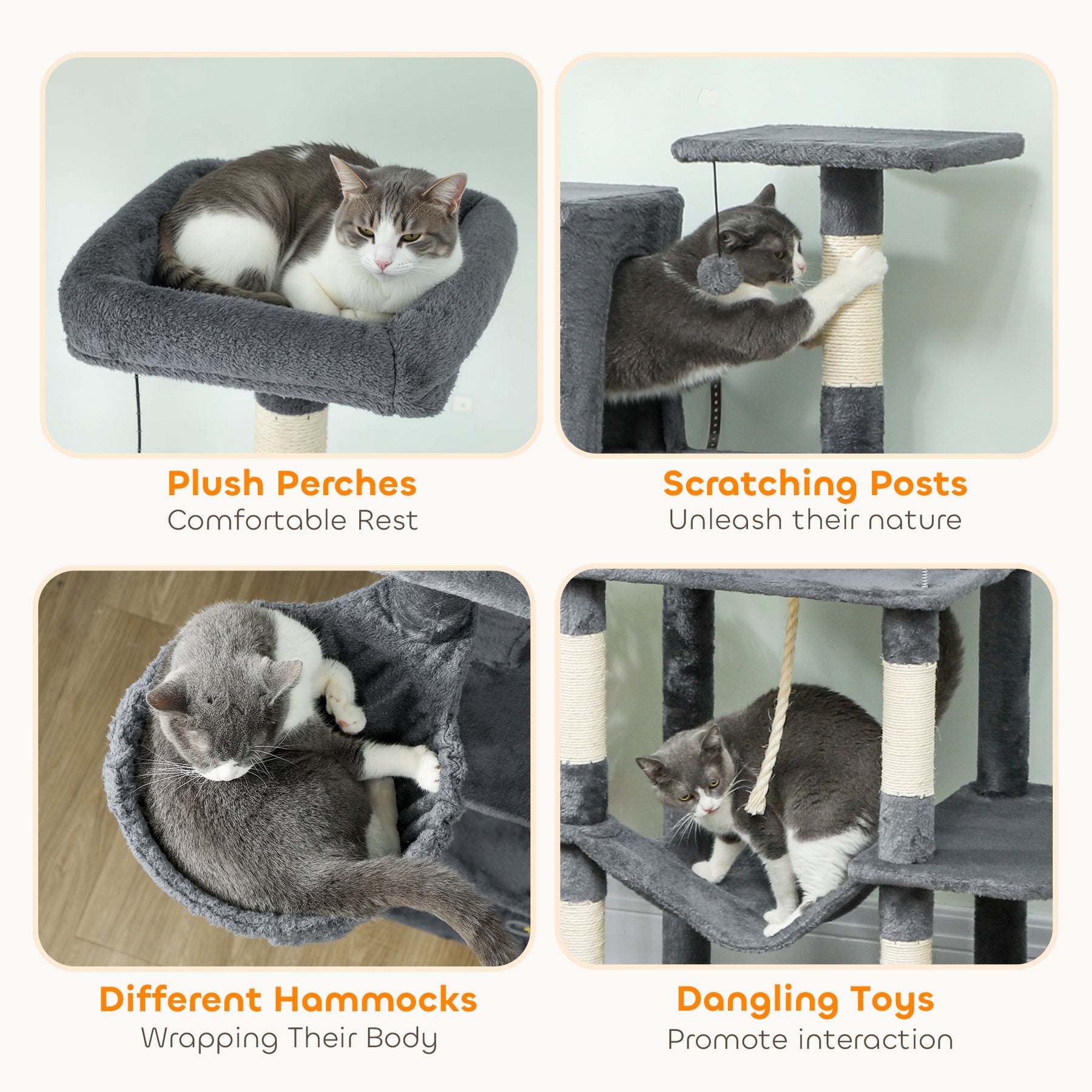 Large Cat Tree with 6 Scratching Posts, 2 Hammocks, 2 Condos, 2 Perches, Pompoms, for Indoor Cats to Rest and Play