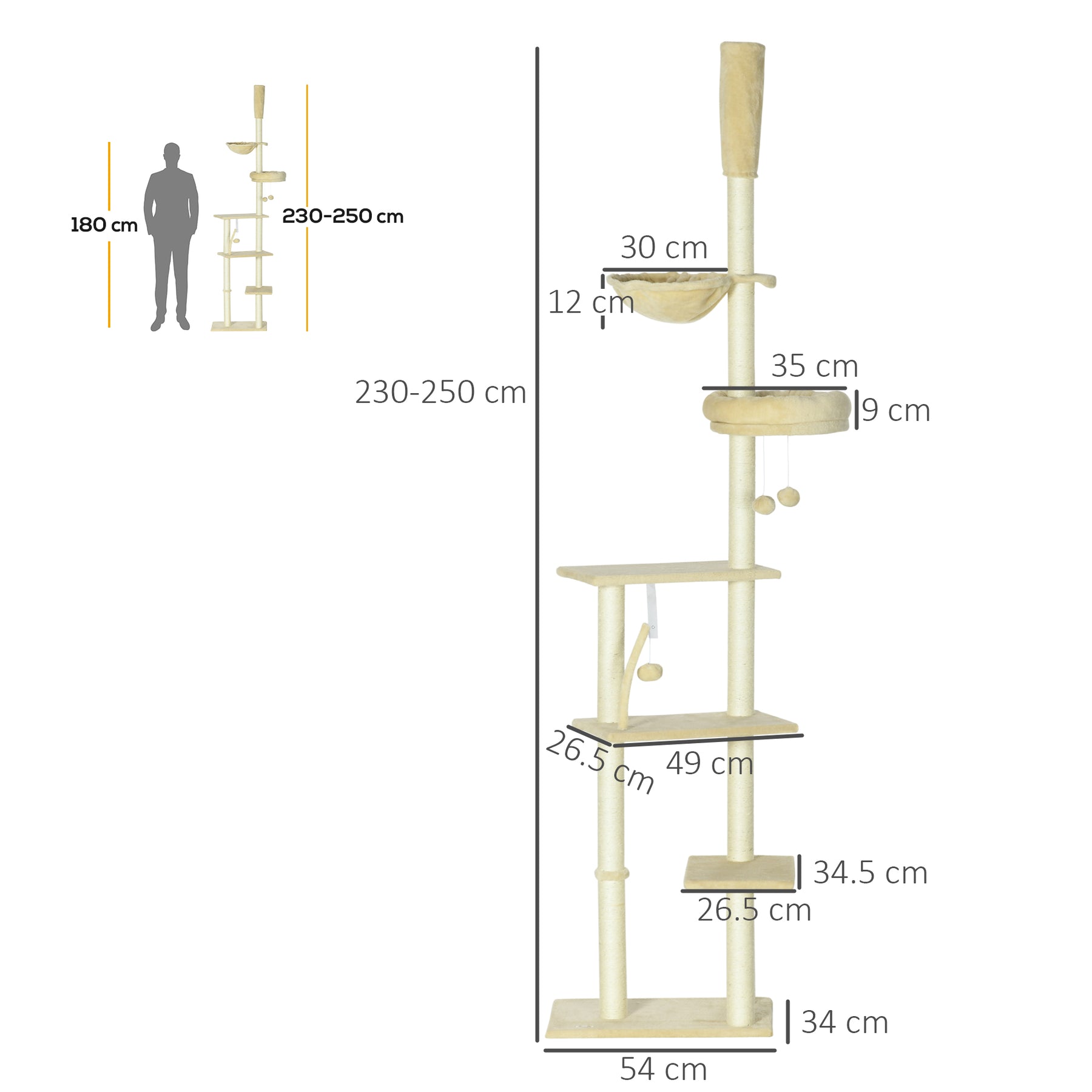Cat Tree Floor to Ceiling, 6-Tier Play Tower with Scratching Post, Platforms, Adjustable Height, Beige