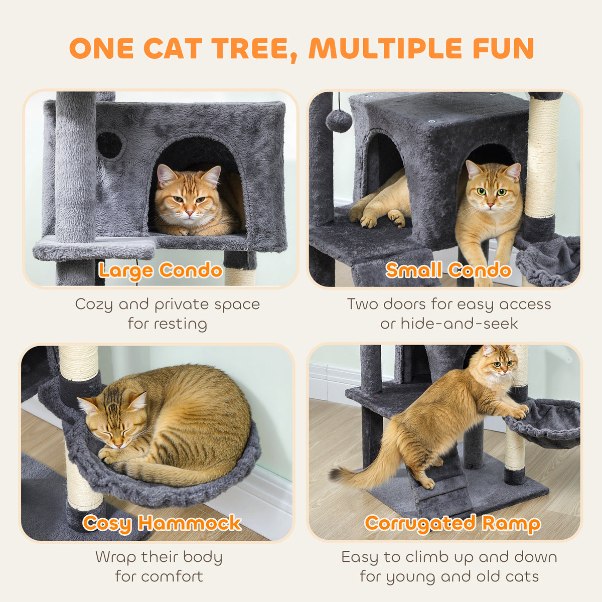 PawHut 160cm Large Cat Tree Tower with Sisal Scratching Posts, Condos, Plush Perches, Hammock, Ladder, Dark Grey PawHut
