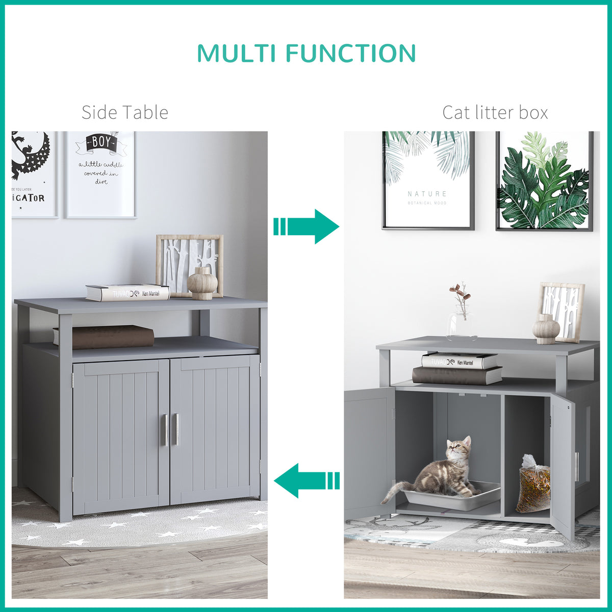 PawHut Wooden Cat Litter Box Enclosure Furniture with Adjustable Interior Wall & Large Tabletop for Nightstand, Grey PawHut