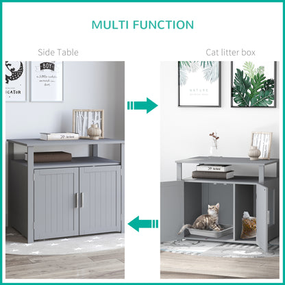 PawHut Wooden Cat Litter Box Enclosure Furniture with Adjustable Interior Wall & Large Tabletop for Nightstand, Grey PawHut