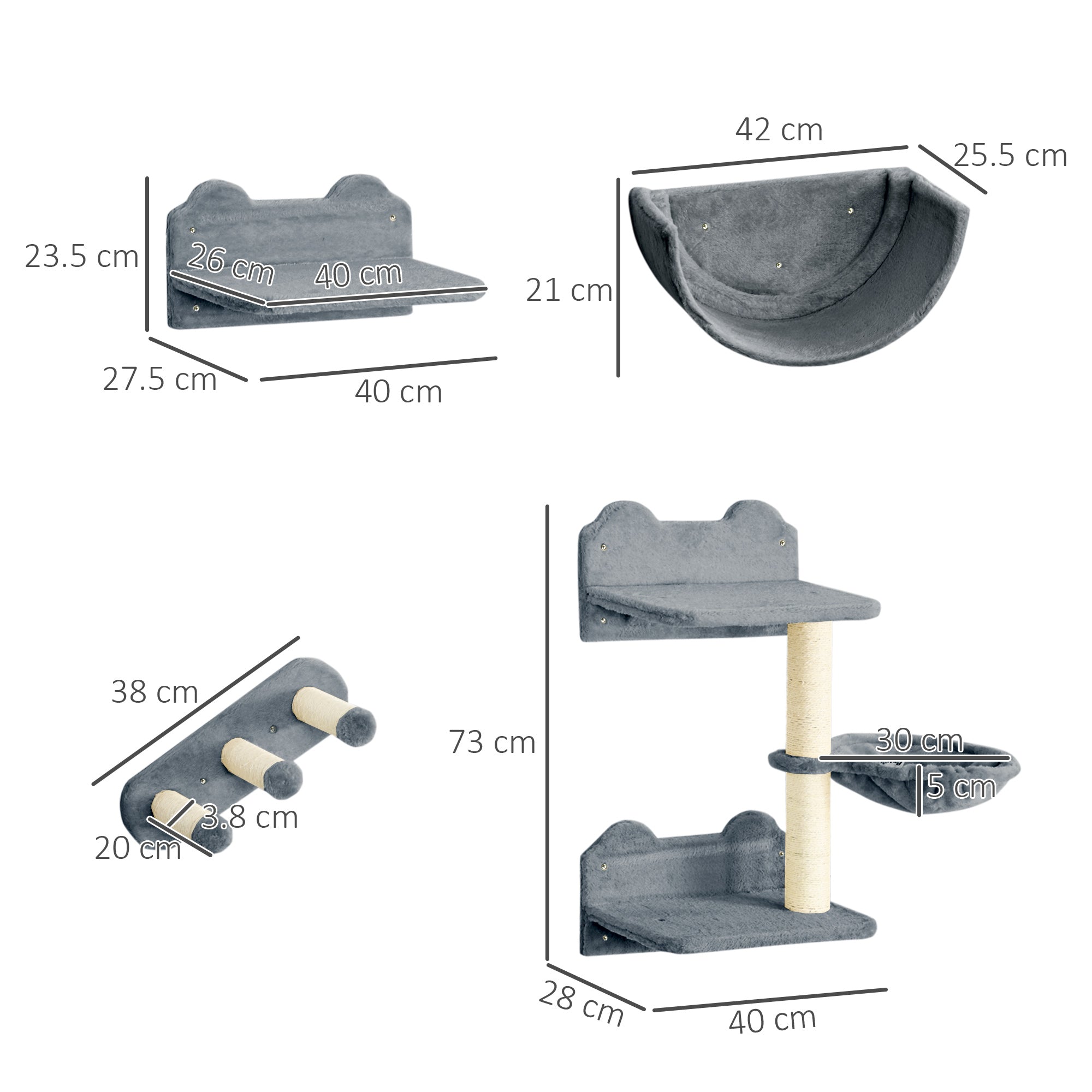 Cat Shelves Fit Cat Up to 5kg, 4-Piece Set with Scratching Post, Hammock, Nest, Safe for Cats to Play, Grey & Cream