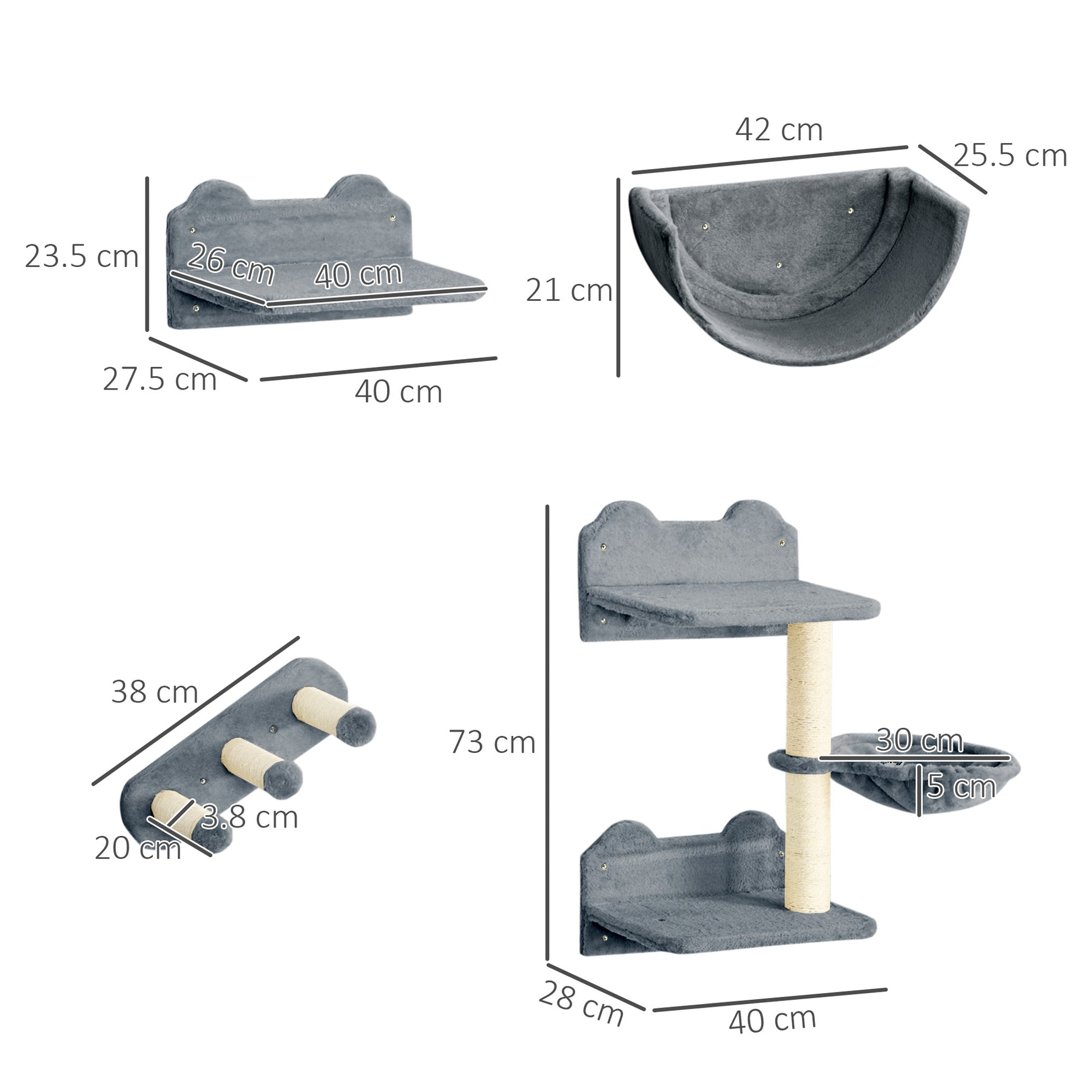 Cat Shelves Fit Cat Up to 5kg, 4-Piece Set with Scratching Post, Hammock, Nest, Safe for Cats to Play, Grey & Cream