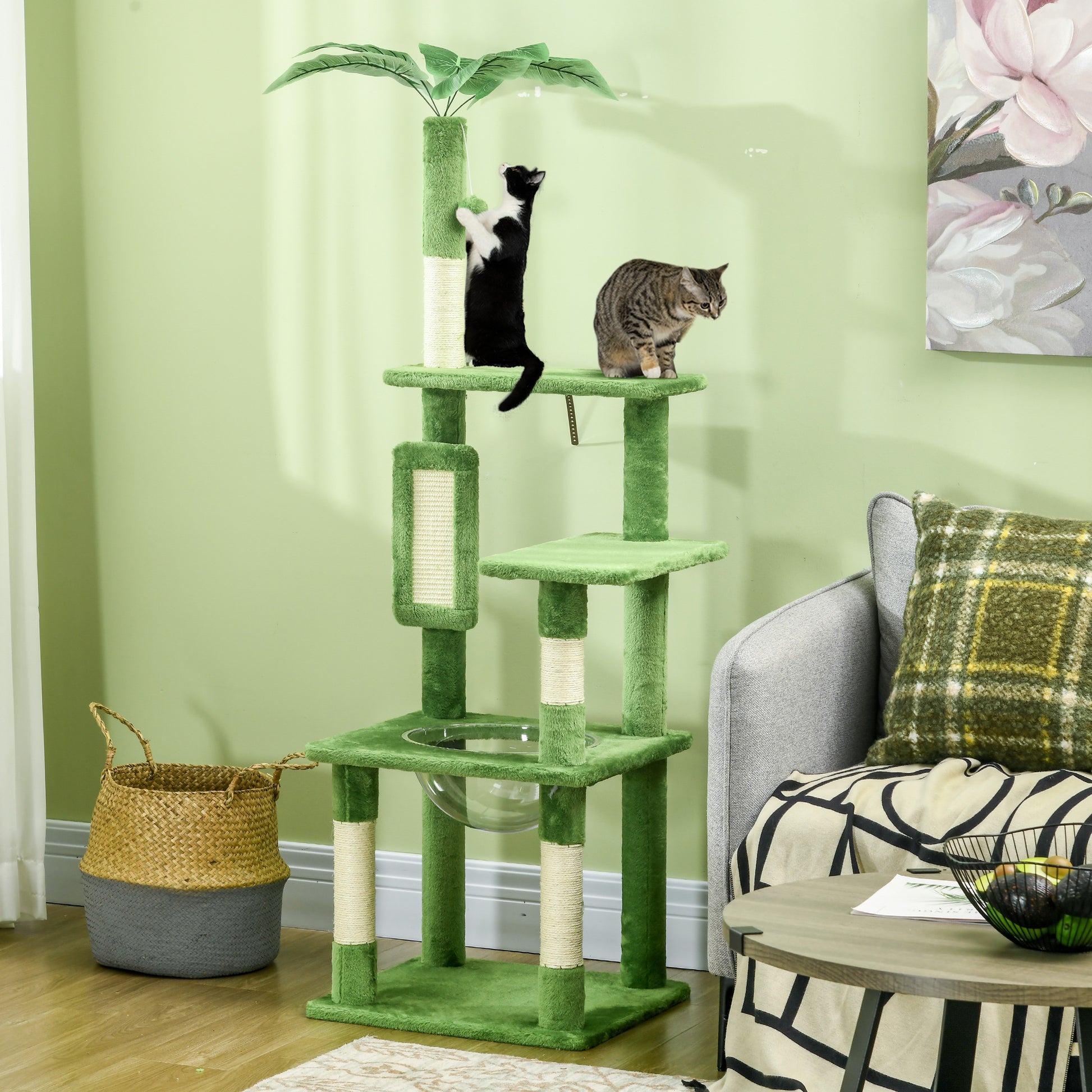 142Cm Cat Tree Tower With Scratching Post Hammock Toy Ball Aosom UK
